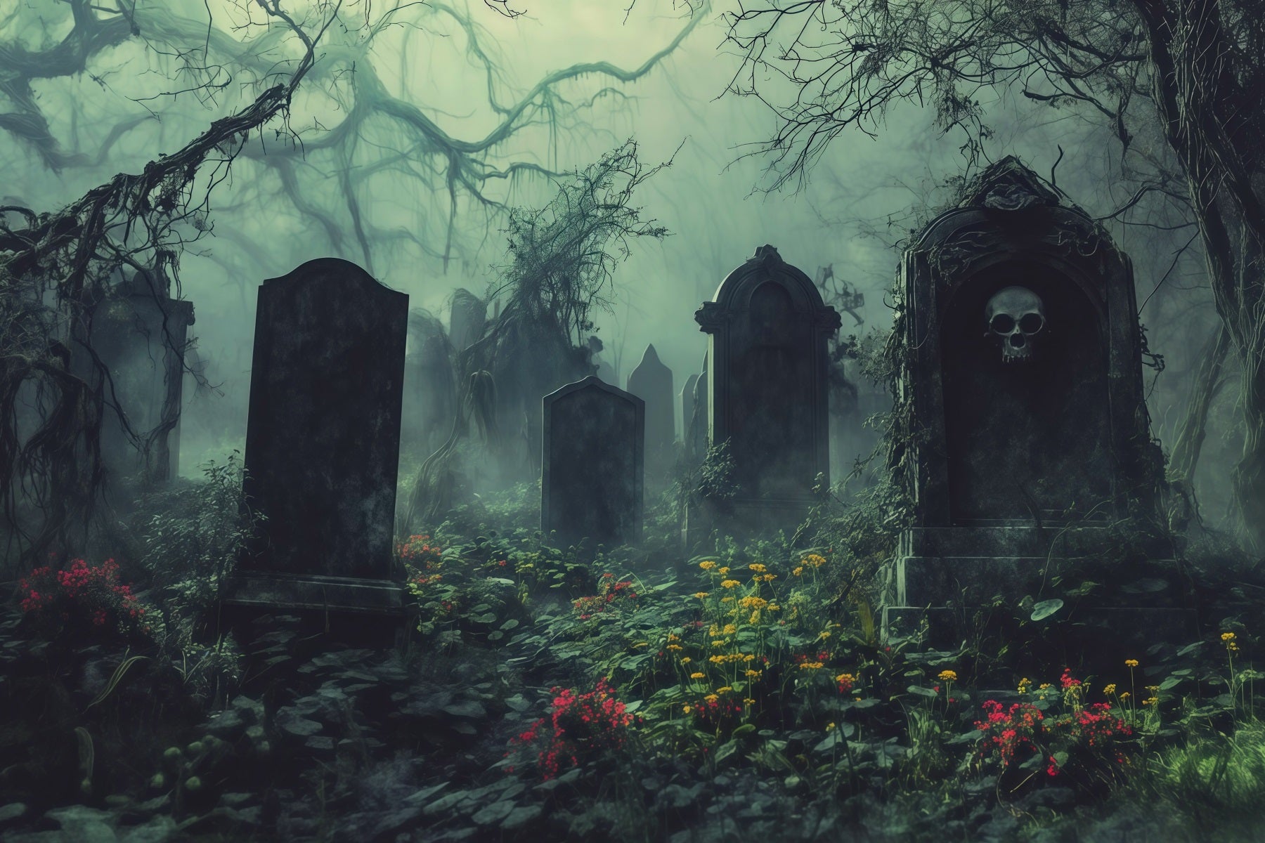 Halloween Cloth Backdrop Misty Overgrown Graveyard Tombstones Graveyard Halloween Backdrops RR67-43