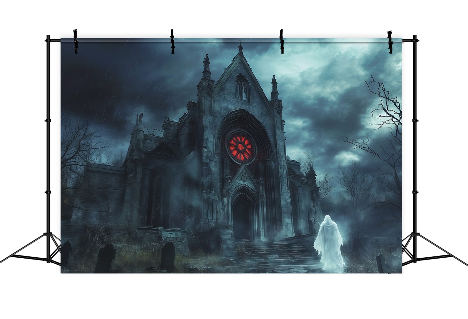 Halloween Party Photo Backdrop Ideas Rainy Gothic Chapel Ghost Creepy Halloween Backdrop RR67-45
