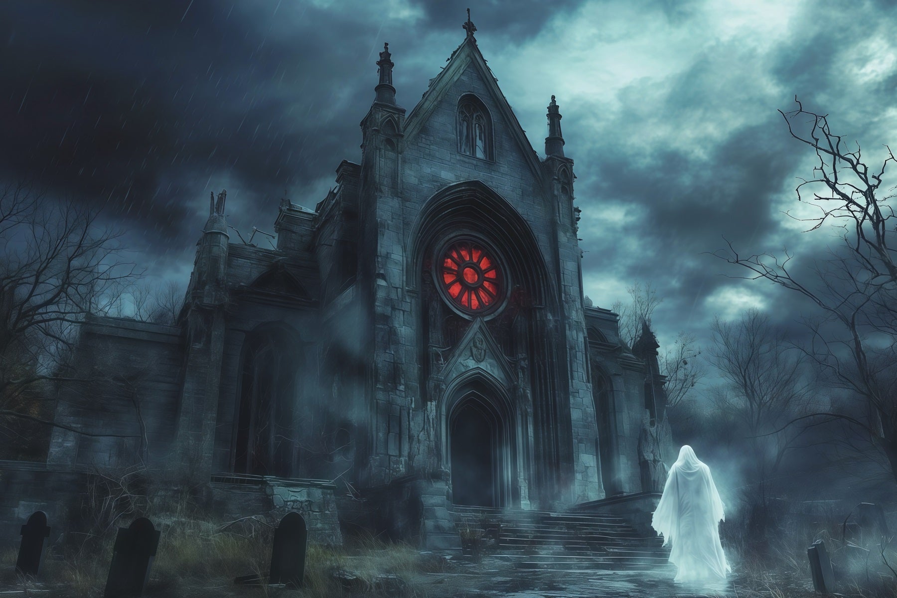 Halloween Party Photo Backdrop Ideas Rainy Gothic Chapel Ghost Creepy Halloween Backdrop RR67-45