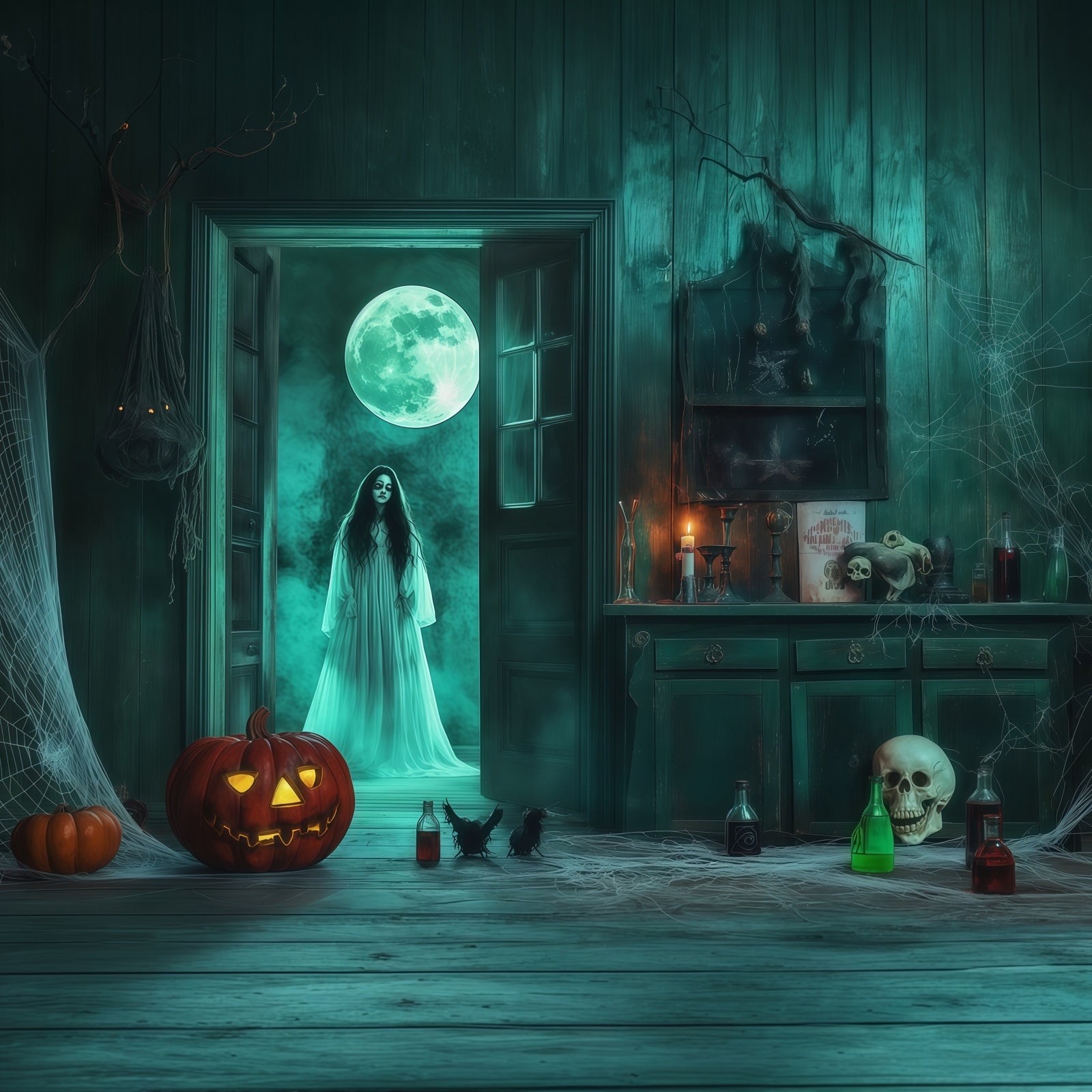 Scary Halloween Photo Backdrops Ghostly Moon Cabinet Room Happy Halloween Backdrop RR67-47