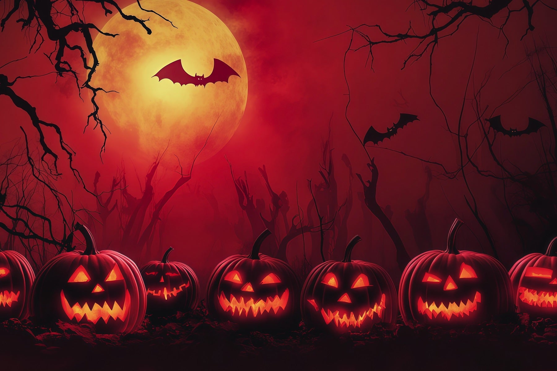 Simple Halloween Backdrop Red Moon Pumpkin Bats Extra Large Halloween Backdrop RR67-48