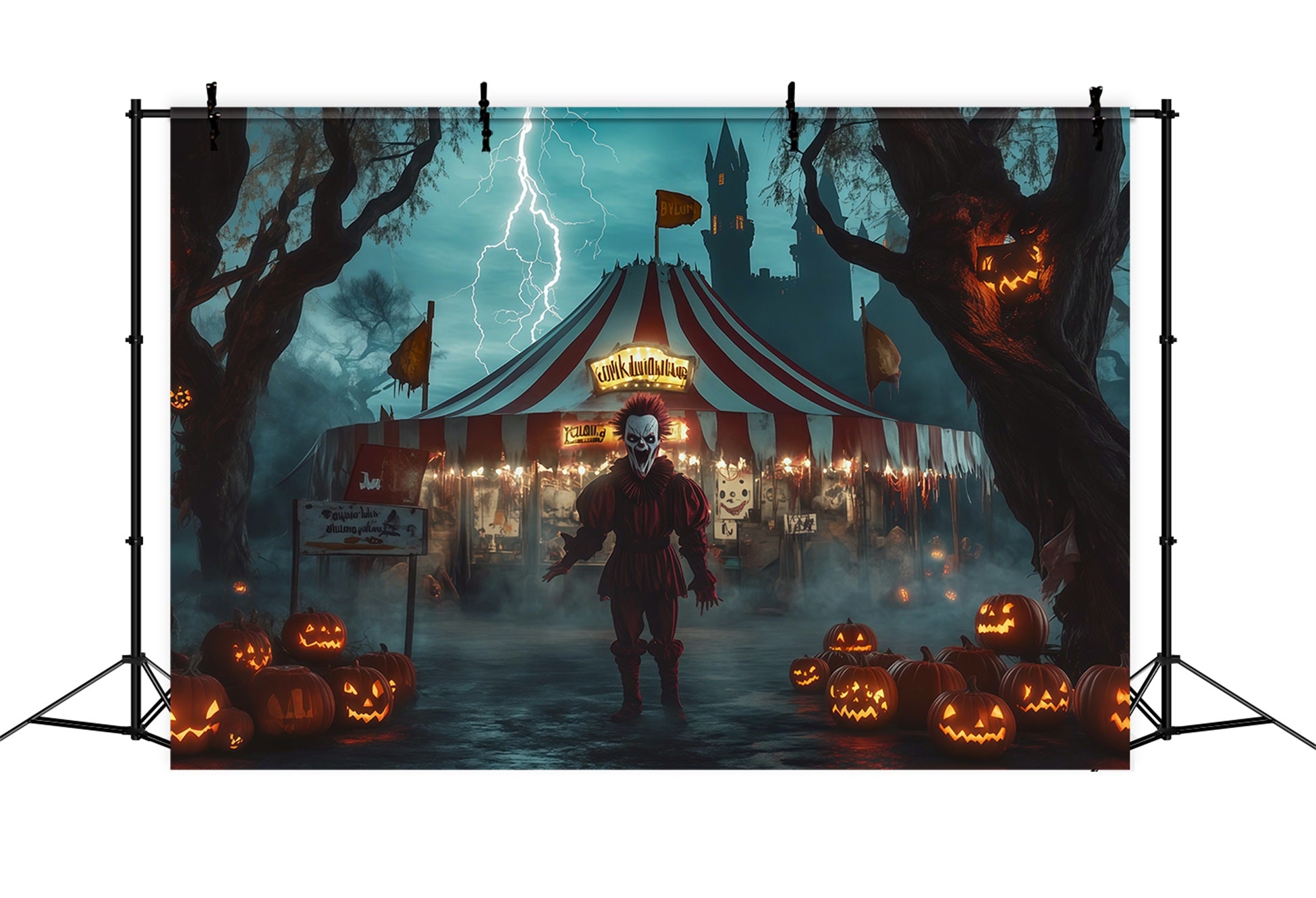 Halloween Clown Backdrop Creepy Circus Clown Pumpkins Halloween Fabric Backdrop RR67-49