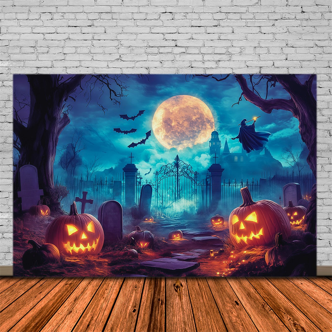 Halloween Themed Backdrops Moonlit Witch Pumpkin Graveyard Halloween Backdrop Ideas RR67-5