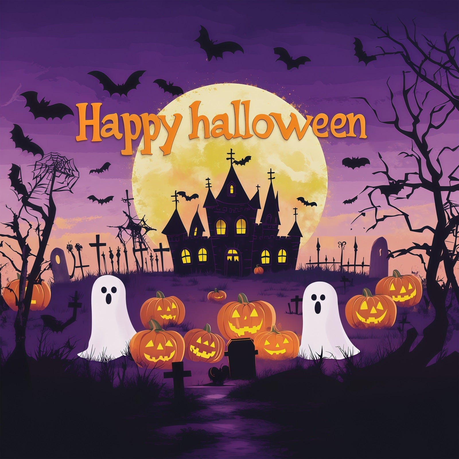 Halloween Party Picture Backdrop Purple Moon Ghost Pumpkins Halloween Backdrop RR67-51