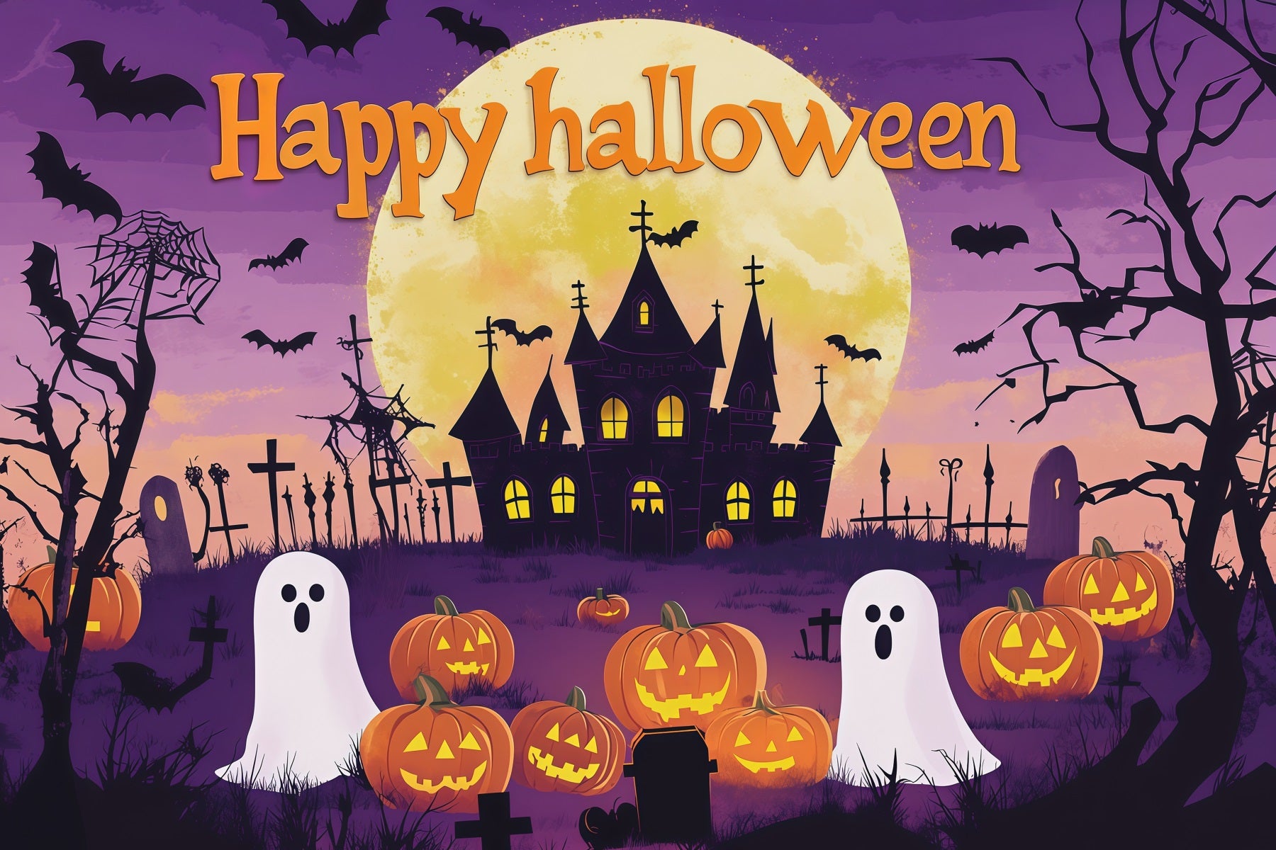 Halloween Party Picture Backdrop Purple Moon Ghost Pumpkins Halloween Backdrop RR67-51