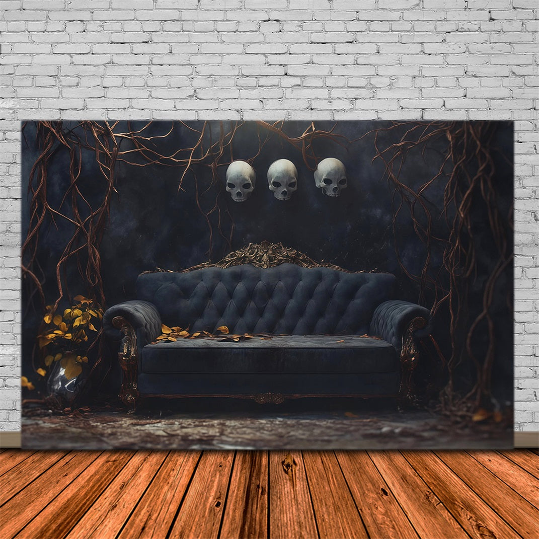 Halloween Theme Backdrop Skull Sofa Twisted Vines Halloween Backdrop For Photos RR67-54