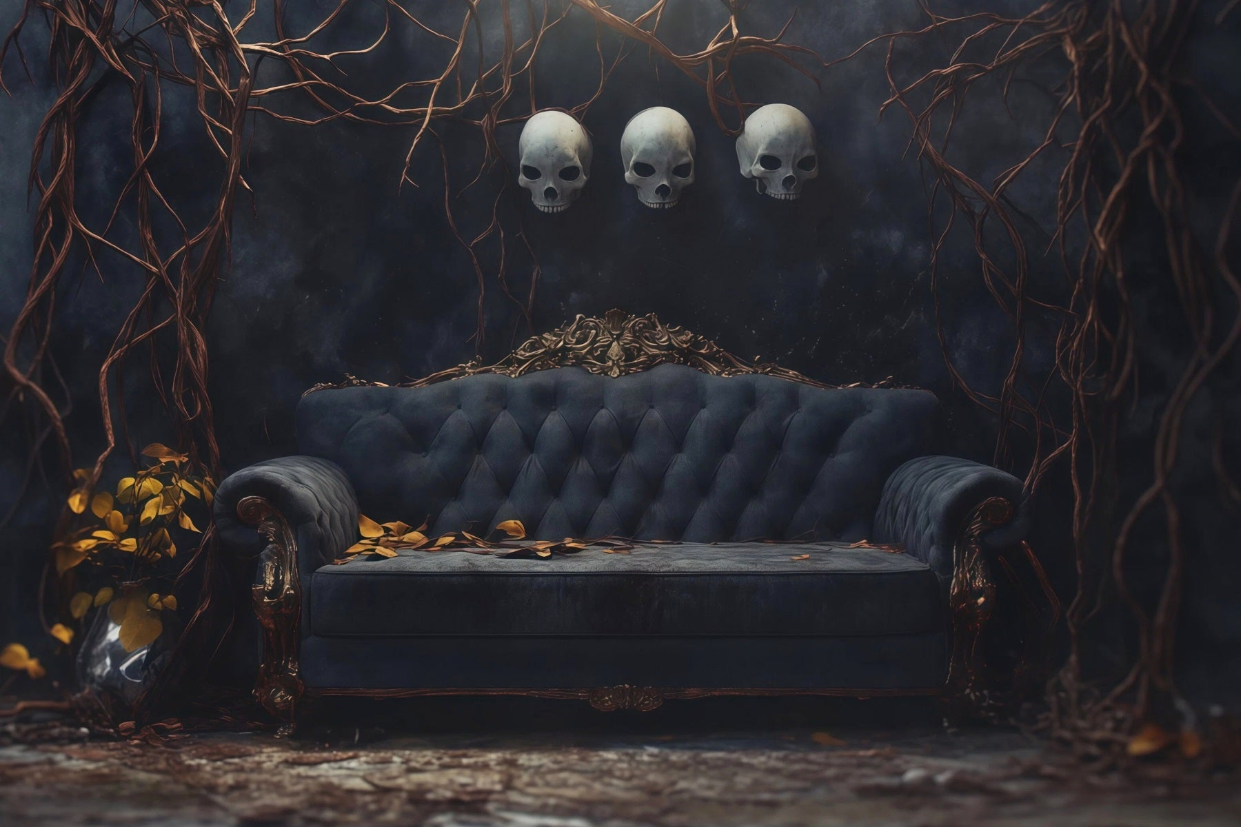 Halloween Theme Backdrop Skull Sofa Twisted Vines Halloween Backdrop For Photos RR67-54