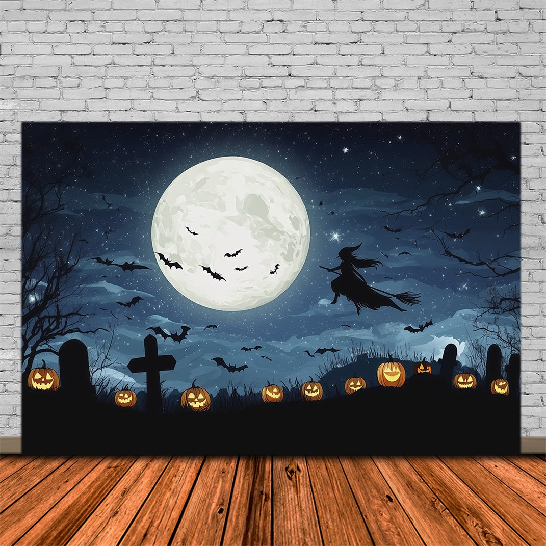 Halloween Moon Backdrop Moonlit Witch Graveyard Pumpkins Halloween Photo Backdrops RR67-58