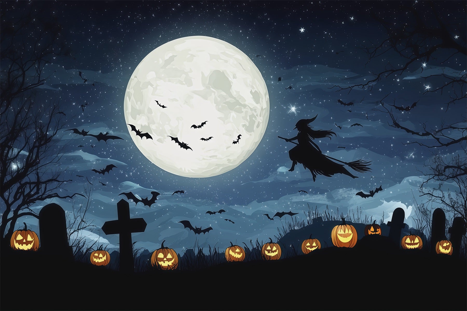 Halloween Moon Backdrop Moonlit Witch Graveyard Pumpkins Halloween Photo Backdrops RR67-58