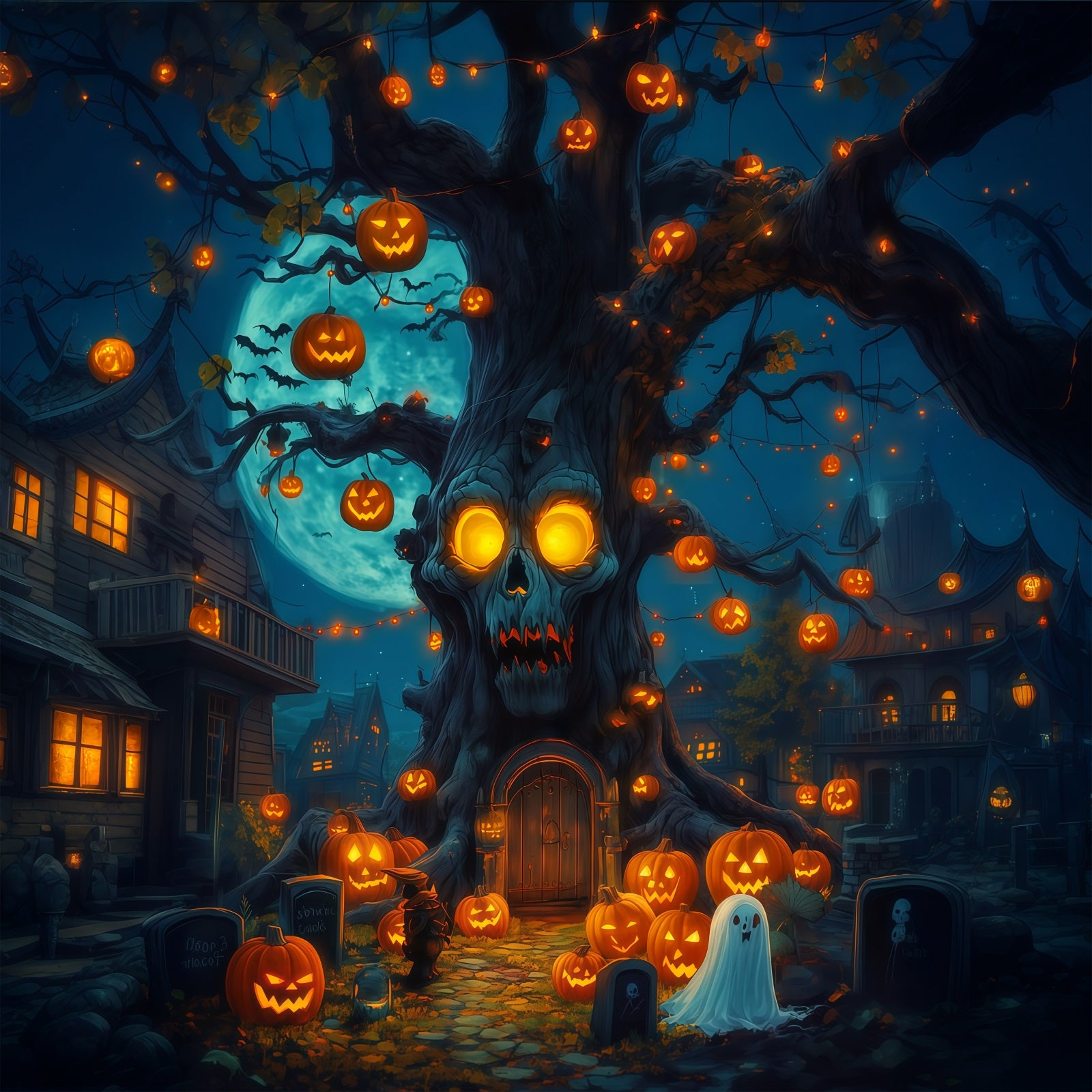 Outdoor Halloween Backdrop Skull Tree Pumpkin Lanterns Spooky Halloween Backdrop RR67-59