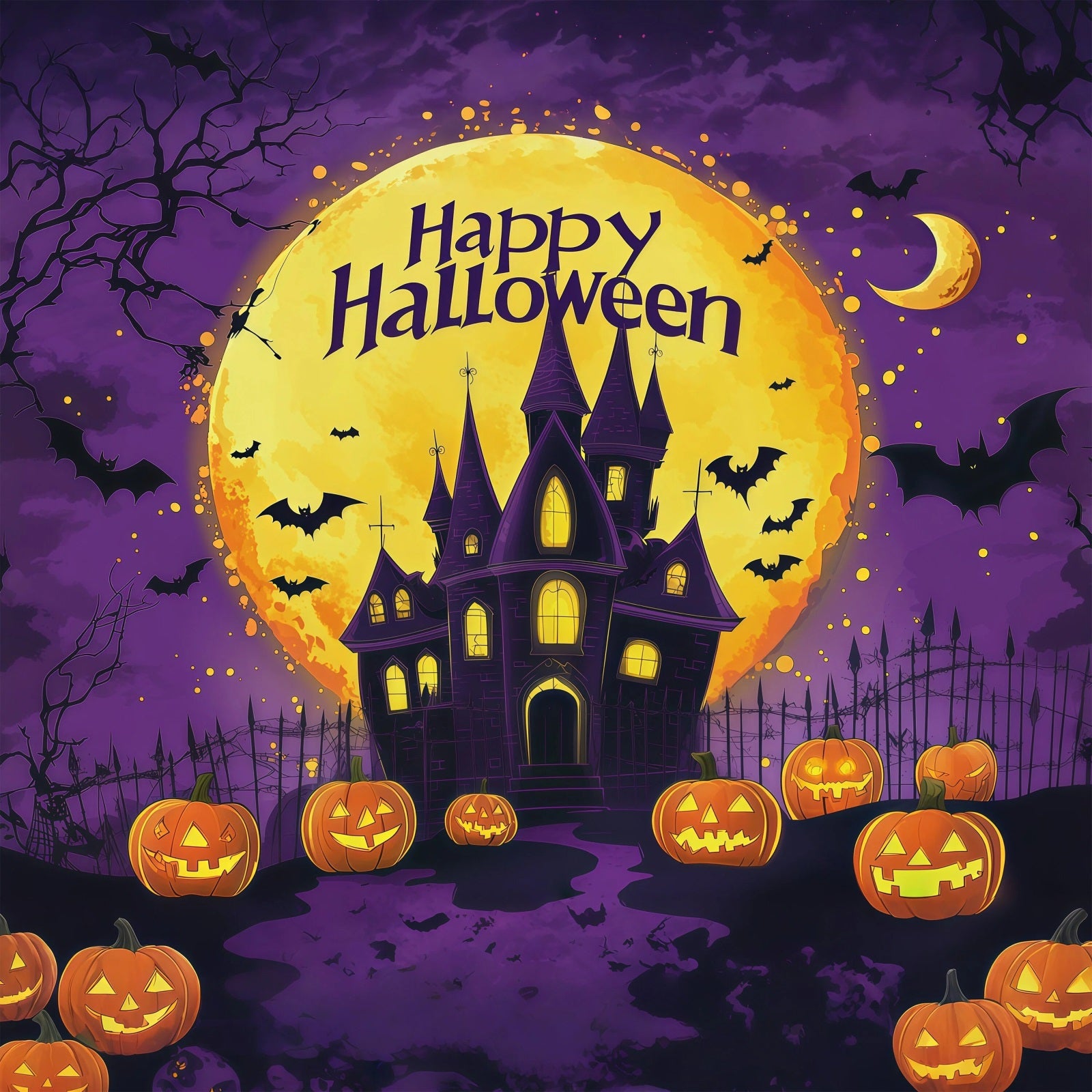 Cute Halloween Backdrops Purple Castle Pumpkin Moon Halloween Backdrops & Scene Setters RR67-6