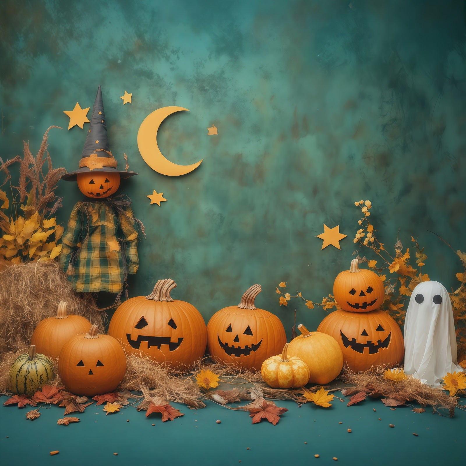 Cute Halloween Photo Backdrop Harvest Pumpkin Ghost Display Backdrop Halloween RR67-63