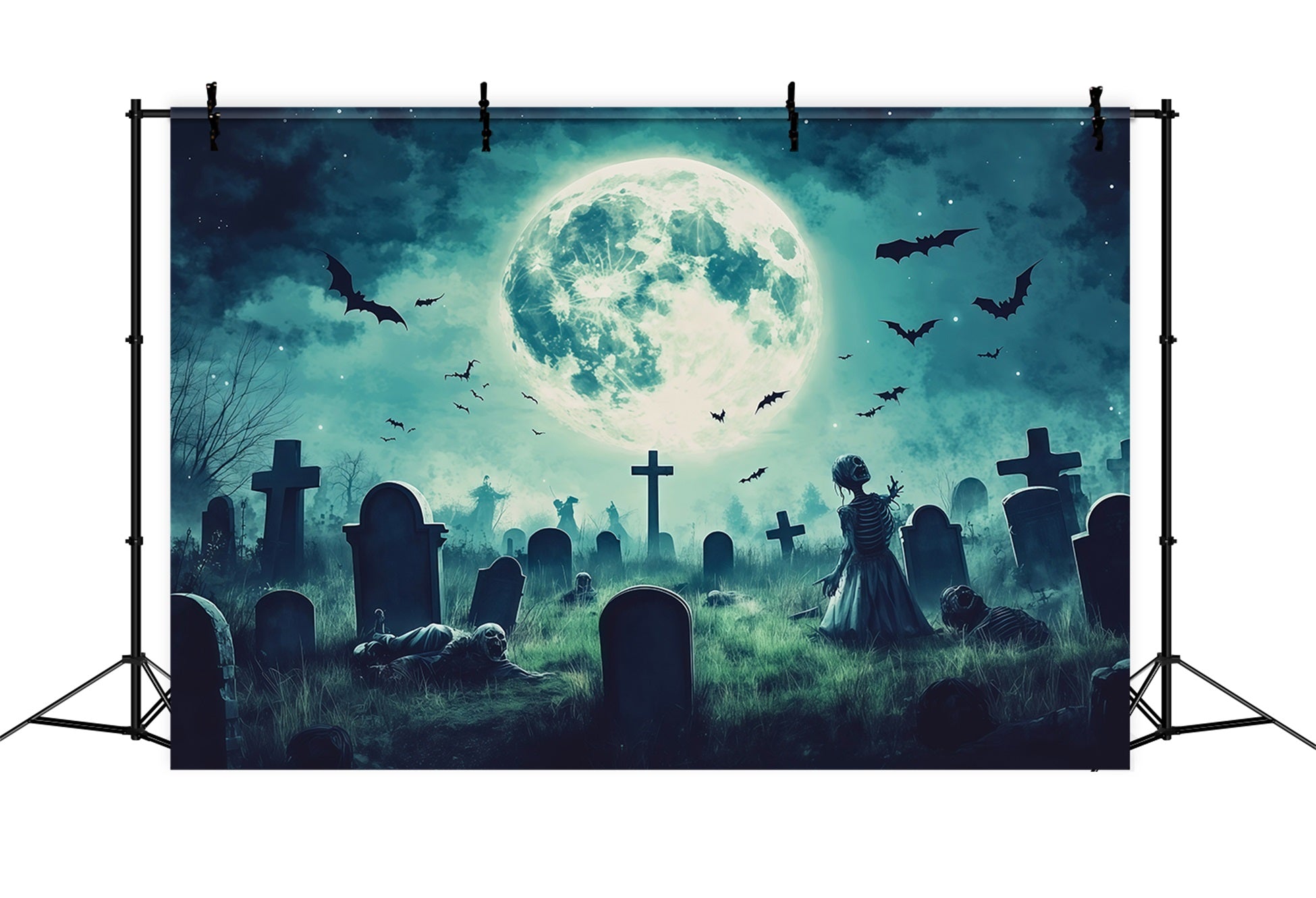 Custom Halloween Backdrop Moonlit Zombie Graveyard Bats Halloween Graveyard Backdrop RR67-64