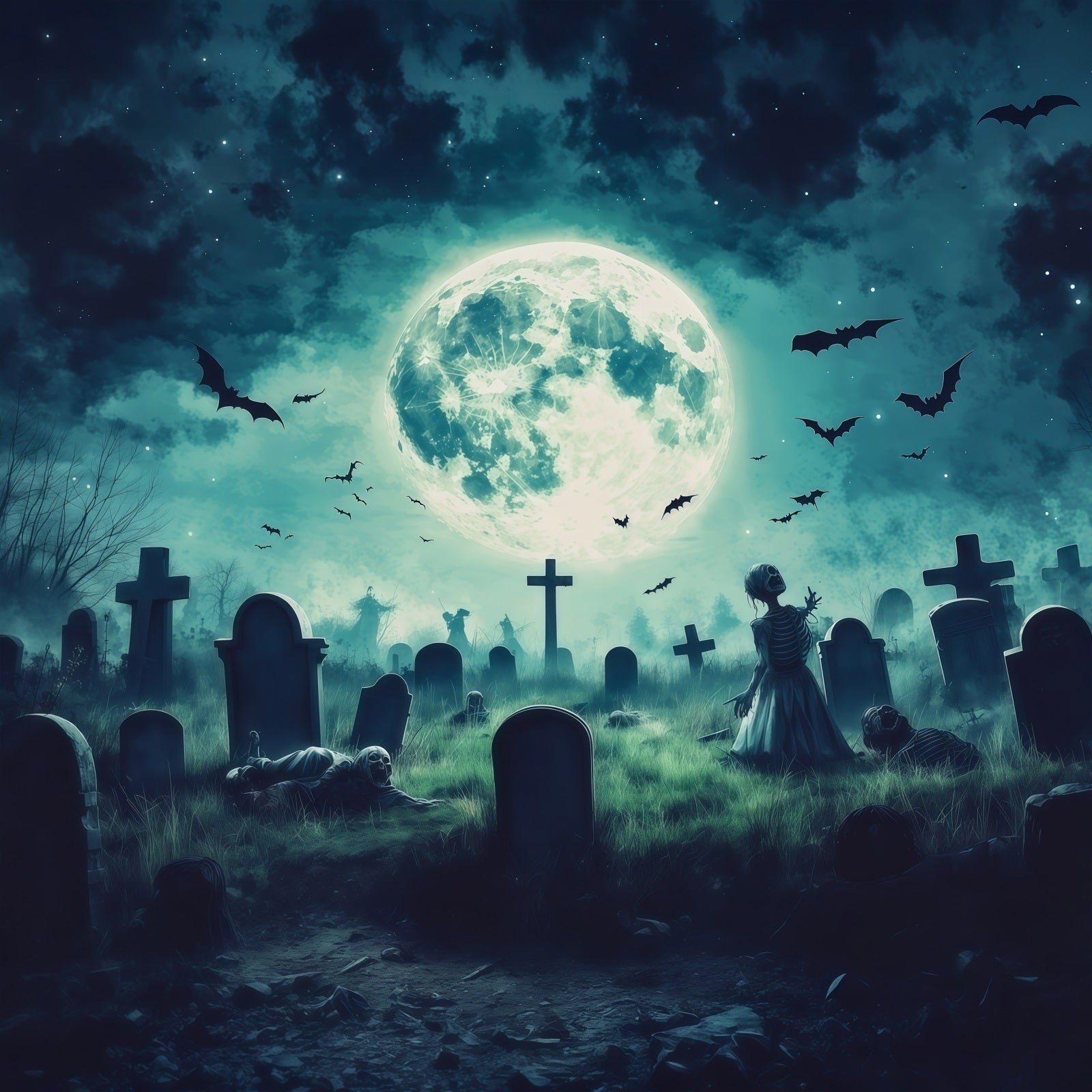 Custom Halloween Backdrop Moonlit Zombie Graveyard Bats Halloween Graveyard Backdrop RR67-64