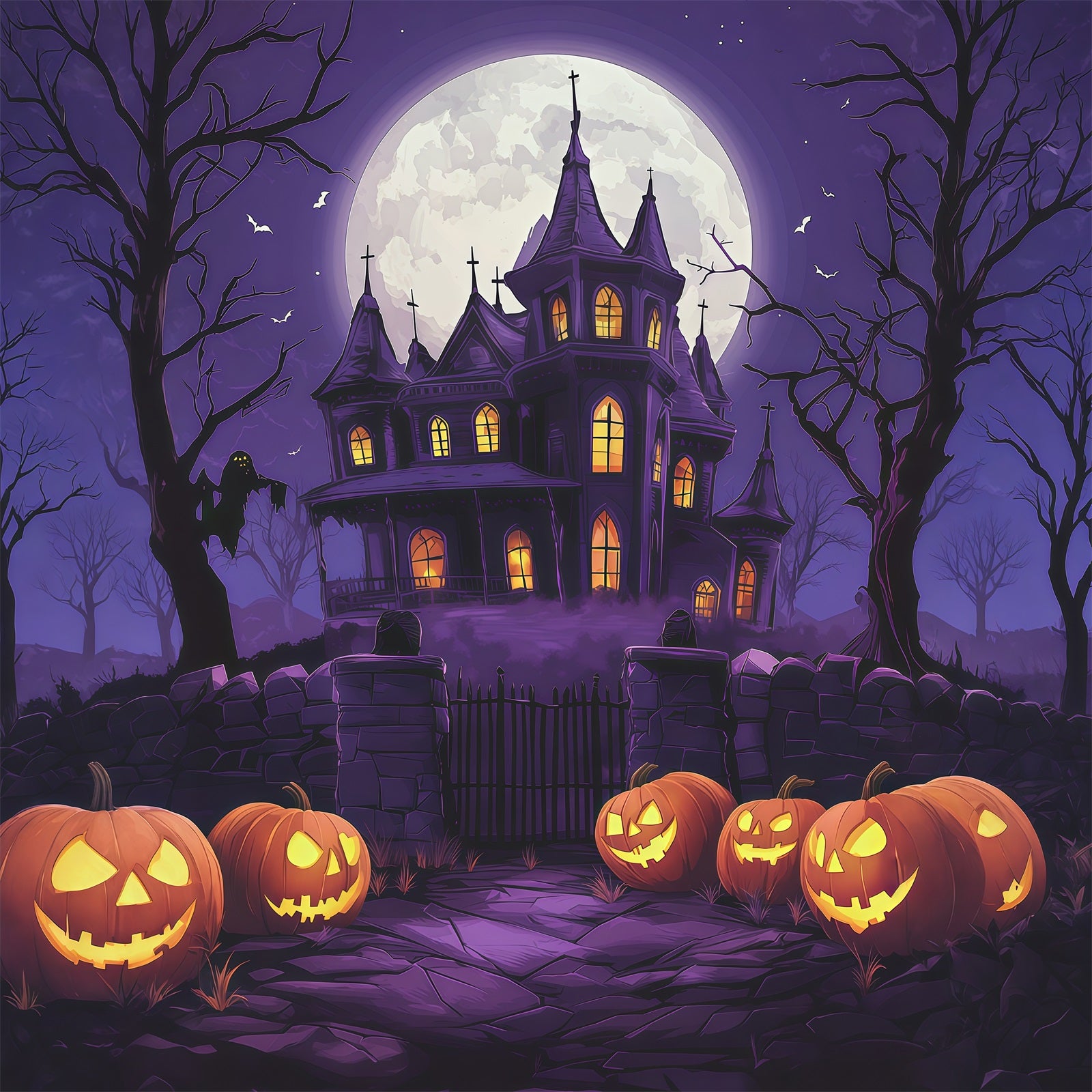 Halloween Castle Backdrop Purple Moon Mansion Pumpkins Large Halloween Backdrop RR67-66
