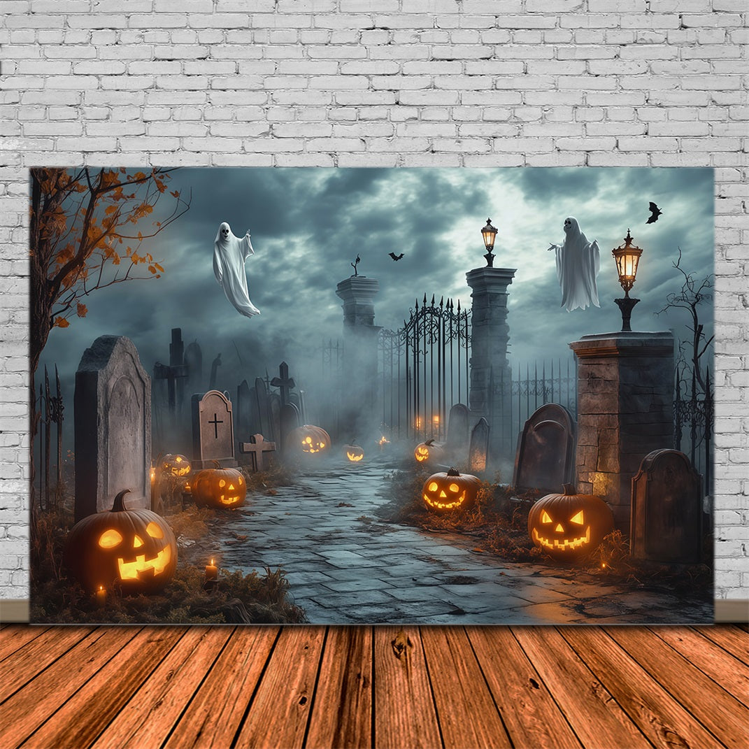 Halloween Ghost Backdrop Ghostly Cemetery Gate Pumpkins Scary Halloween Backdrop RR67-68