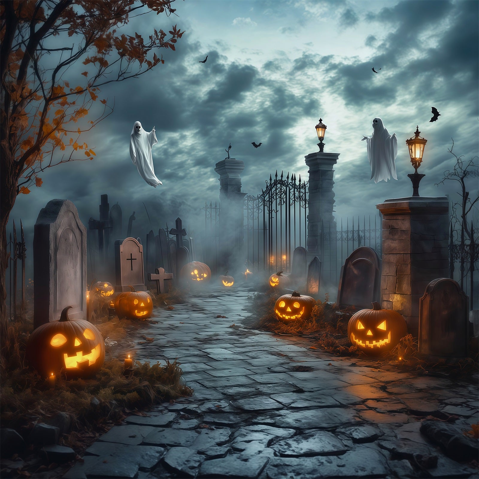Halloween Ghost Backdrop Ghostly Cemetery Gate Pumpkins Scary Halloween Backdrop RR67-68