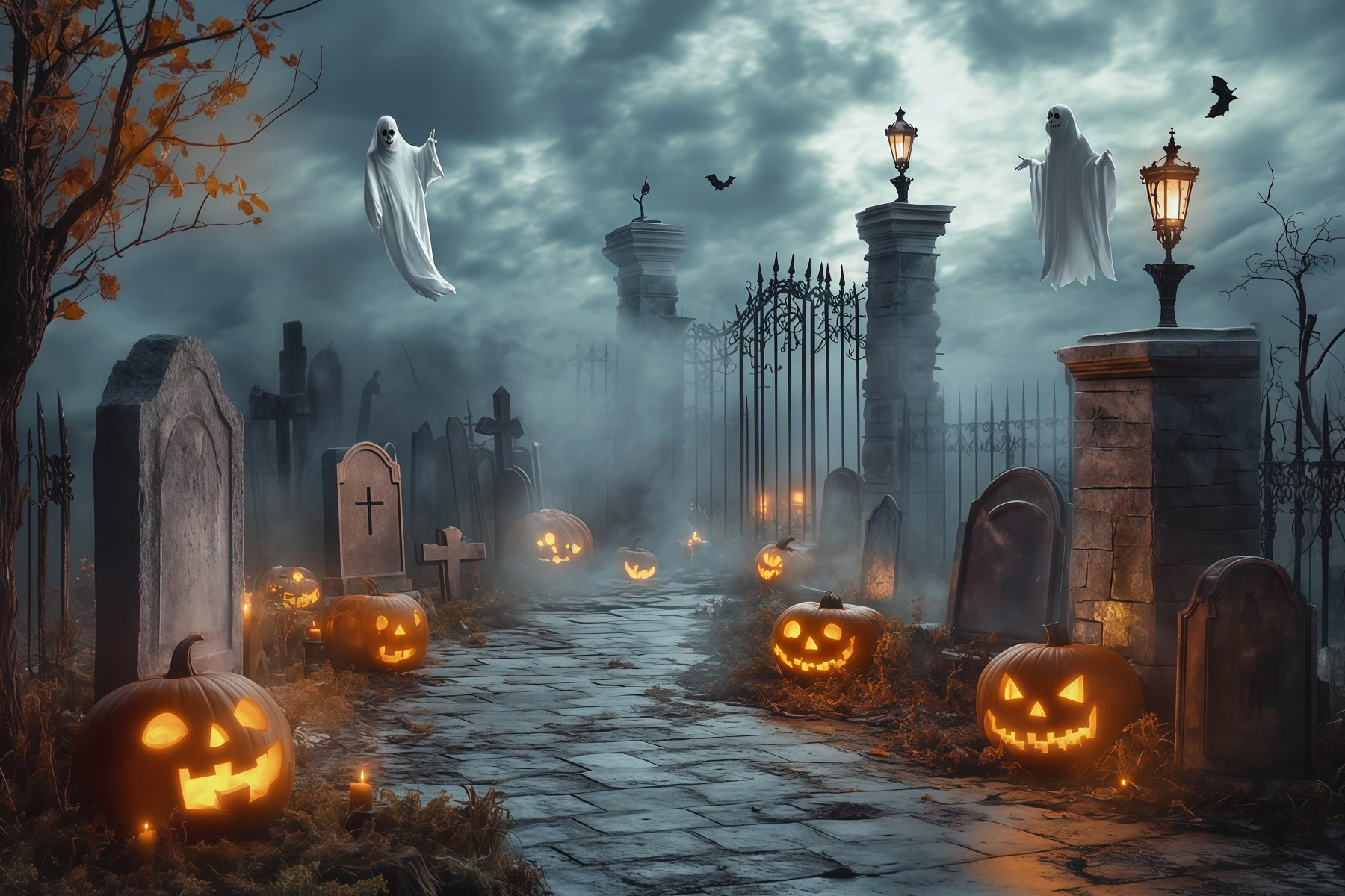 Halloween Ghost Backdrop Ghostly Cemetery Gate Pumpkins Scary Halloween Backdrop RR67-68