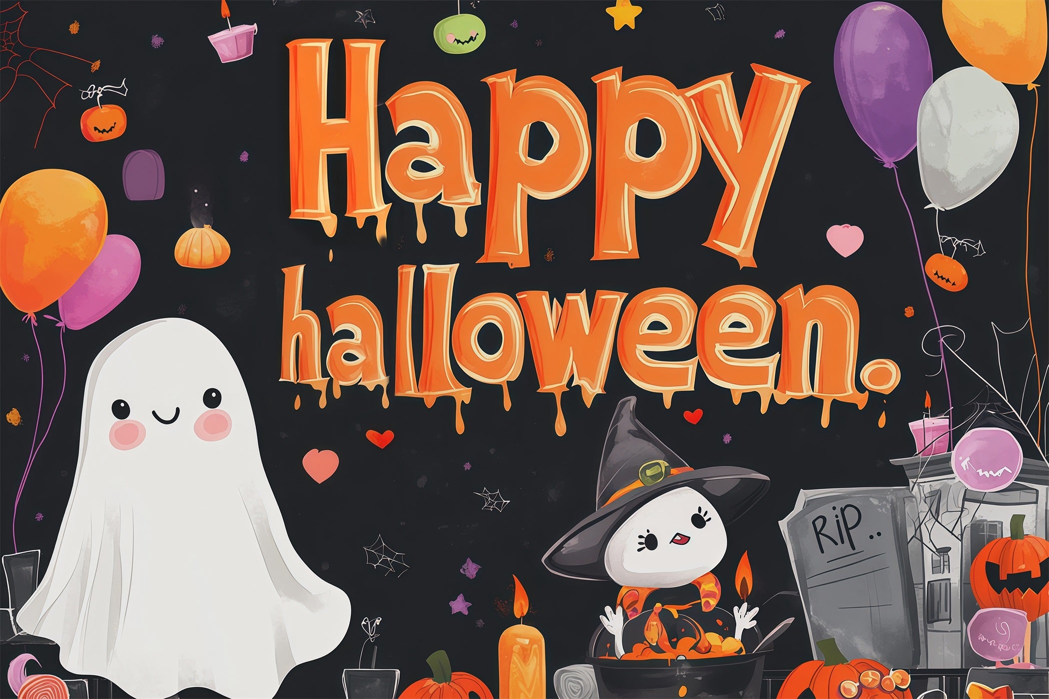 Halloween Party Backdrops Cute Ghost Witch Party Halloween Photo Booth Backdrop RR67-7