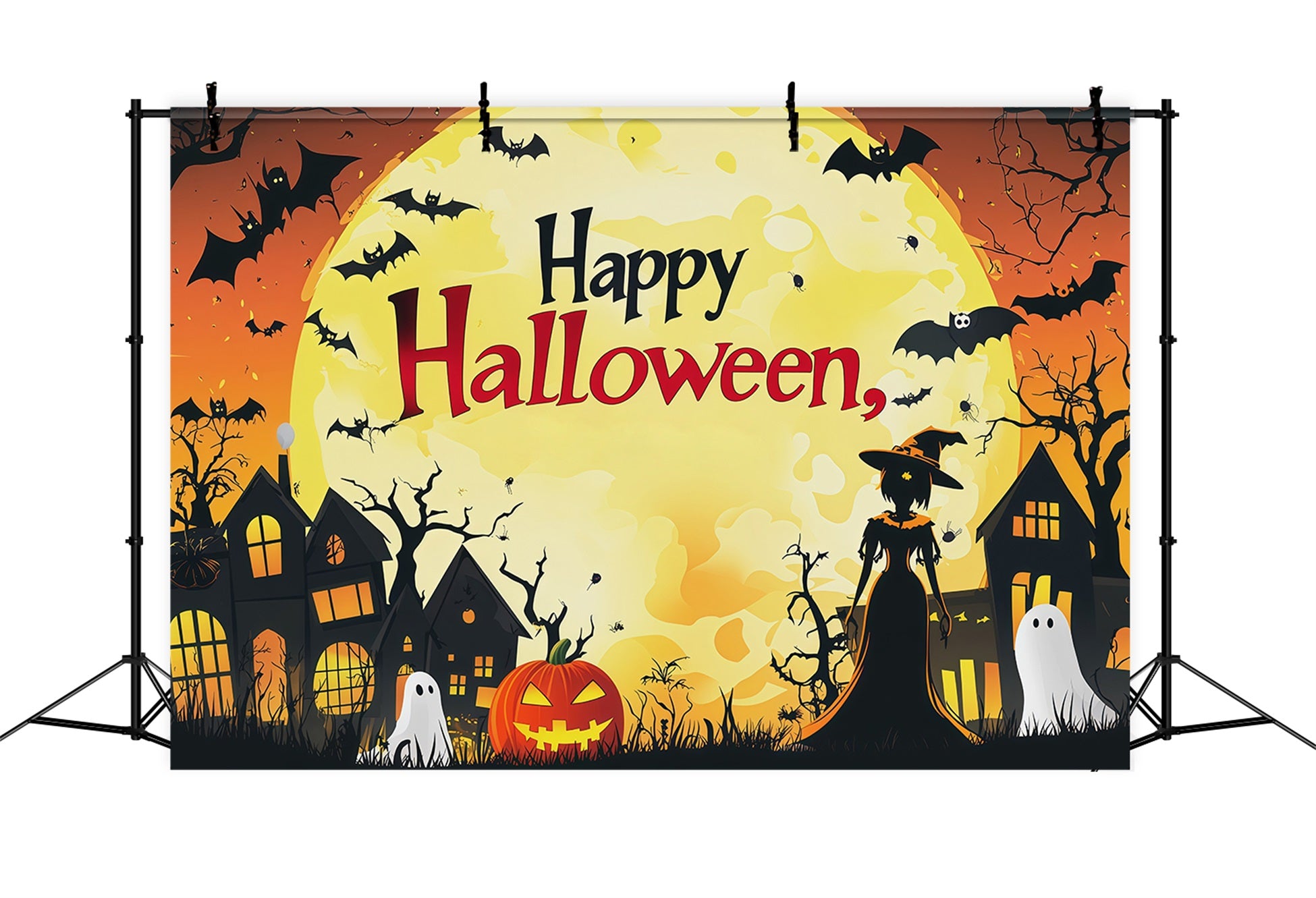 Backdrop Halloween Photo Booth Orange Moon Witch Town Halloween Party Photo Backdrop RR67-70