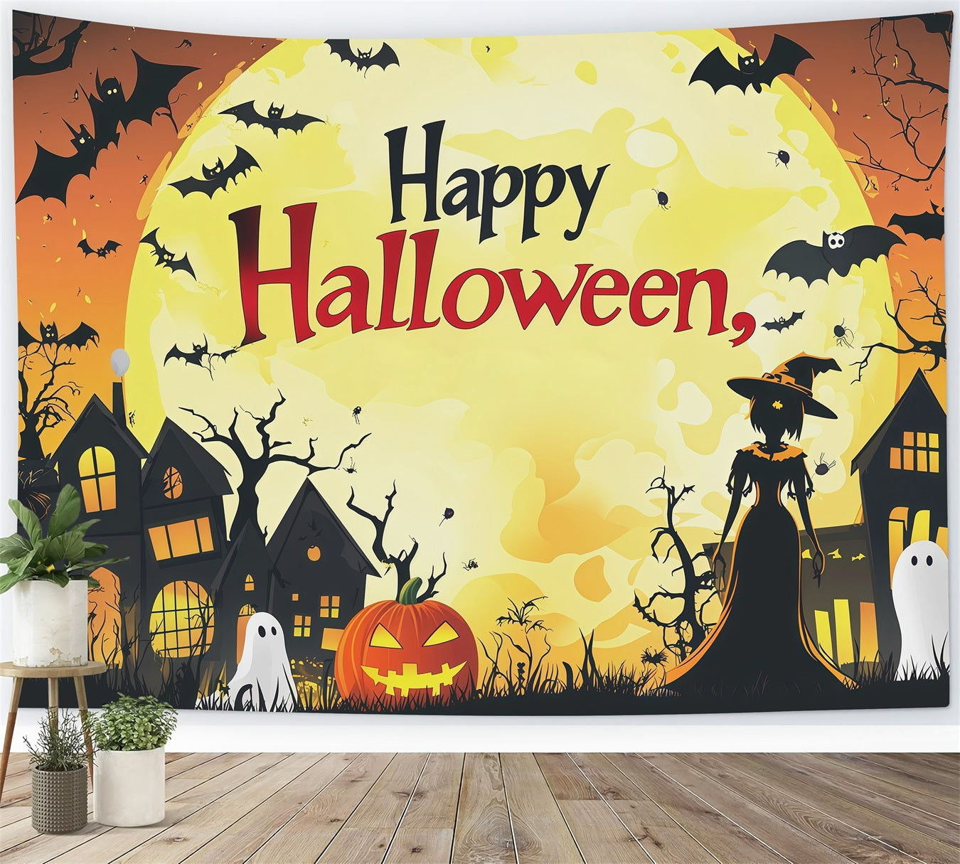 Backdrop Halloween Photo Booth Orange Moon Witch Town Halloween Party Photo Backdrop RR67-70