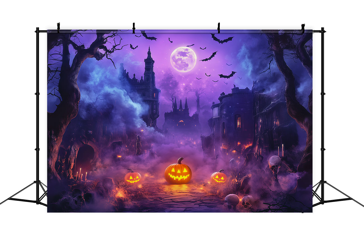 Halloween Backdrop Outdoor Purple Moon Pumpkin Castle Photo Backdrop Halloween RR67-71