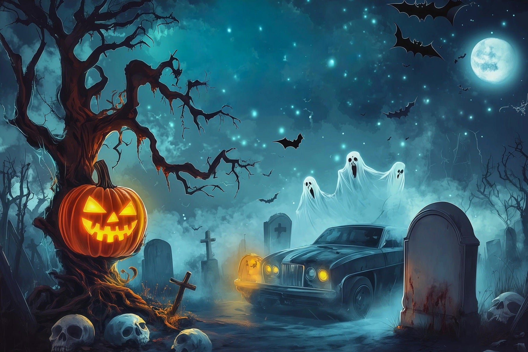 Halloween Garage Backdrop Pumpkin Ghost Graveyard Car Backdrops For Halloween RR67-75