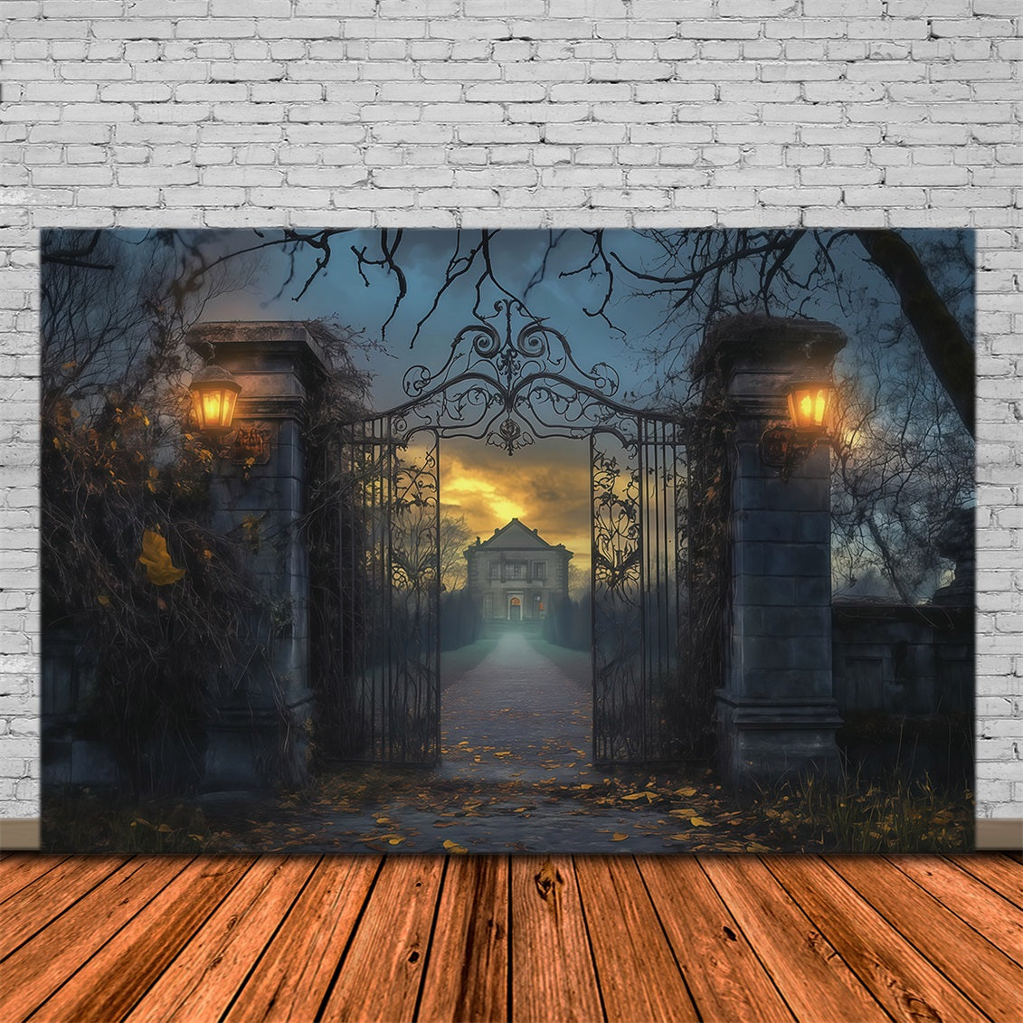 Halloween House Backdrop Foggy Mansion Iron Gate Halloween Cemetery Backdrop RR67-77
