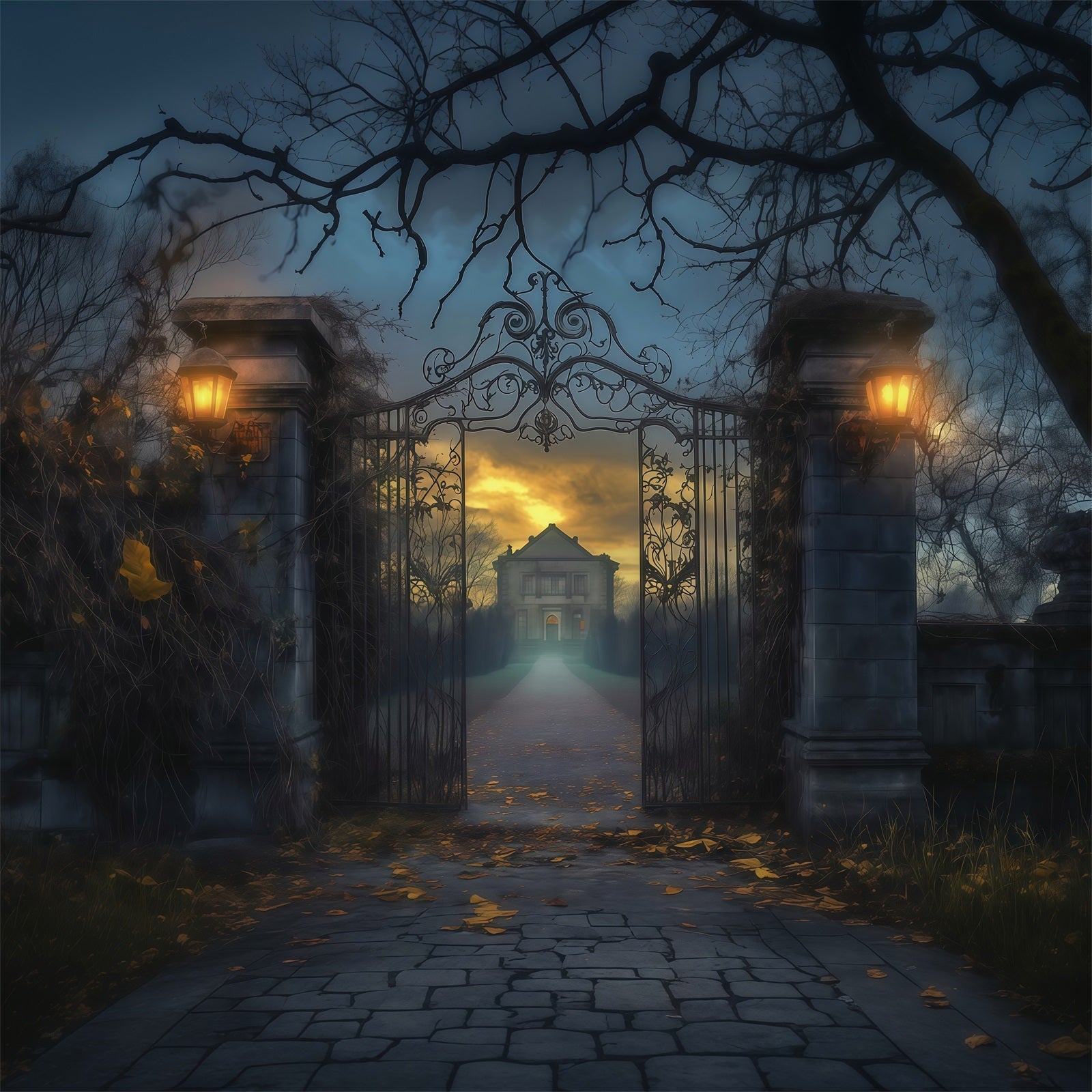 Halloween House Backdrop Foggy Mansion Iron Gate Halloween Cemetery Backdrop RR67-77