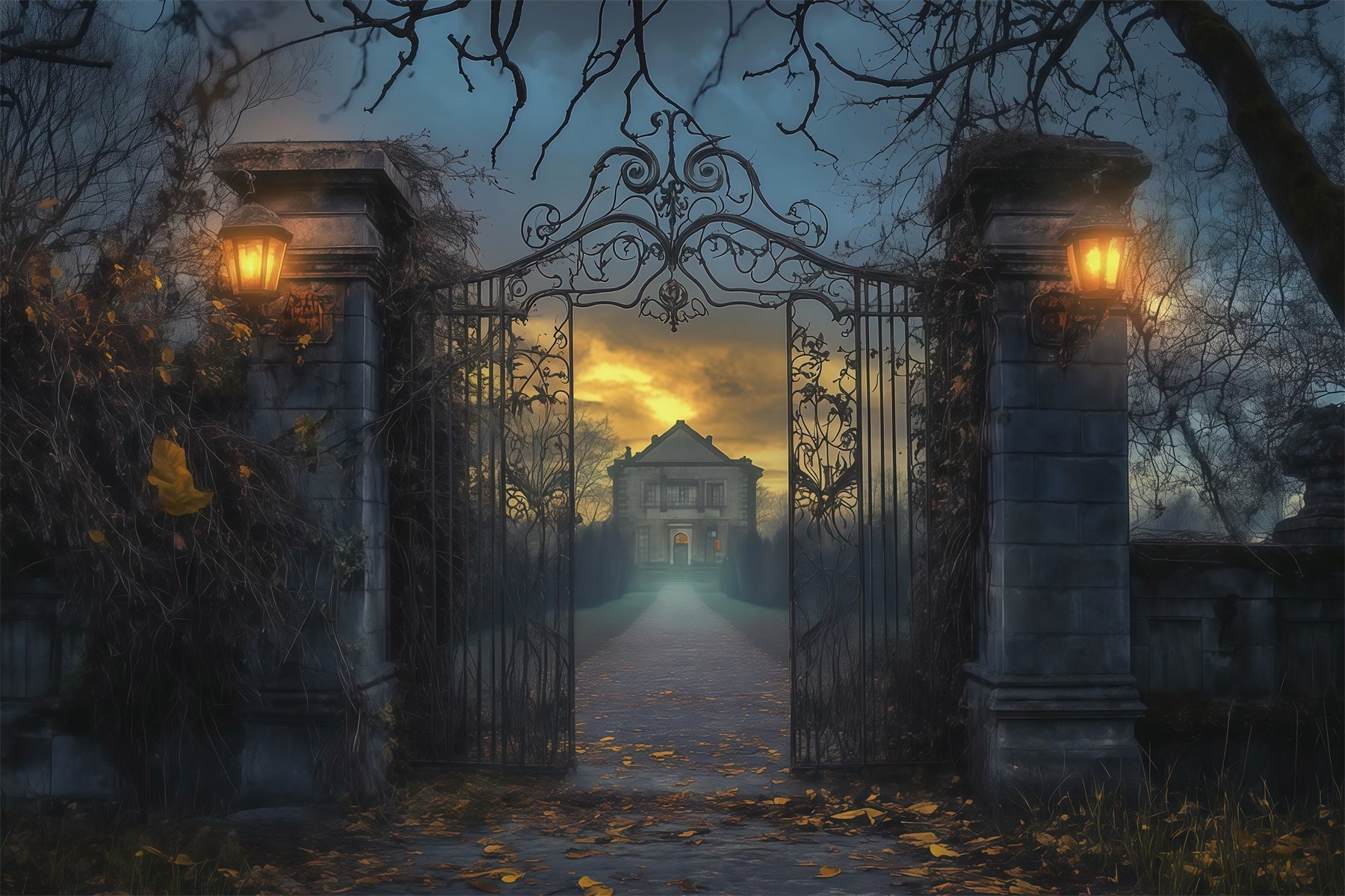Halloween House Backdrop Foggy Mansion Iron Gate Halloween Cemetery Backdrop RR67-77