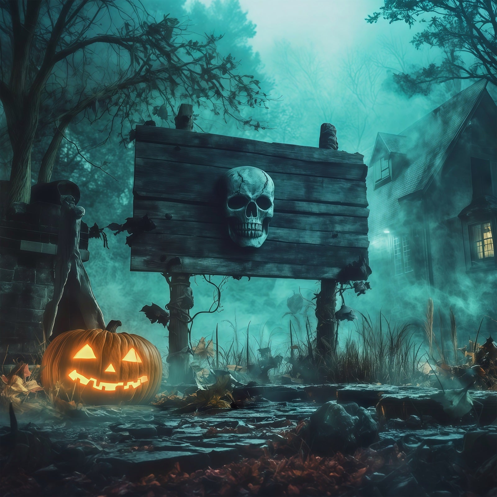 Scary Halloween Backdrop Ideas Skull Sign Pumpkin Fog Halloween Photoshoot Backdrop RR67-78