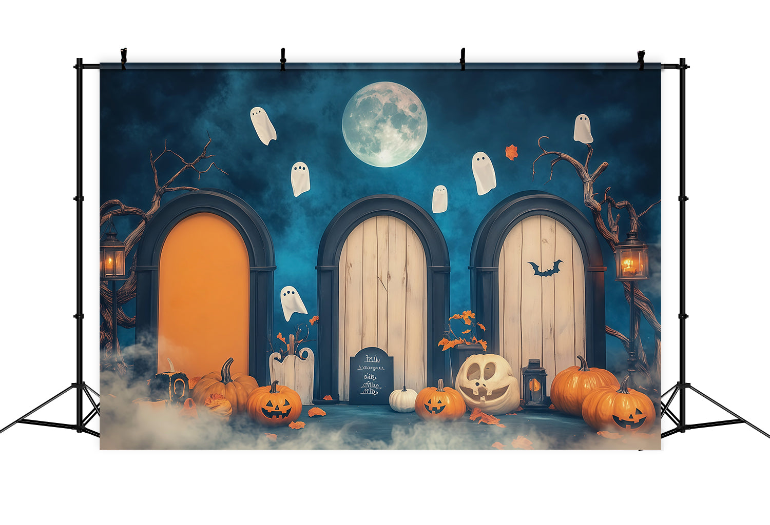 Halloween Arch Backdrop Moonlit Ghost Doorway Pumpkins Large Halloween Backdrops RR67-83