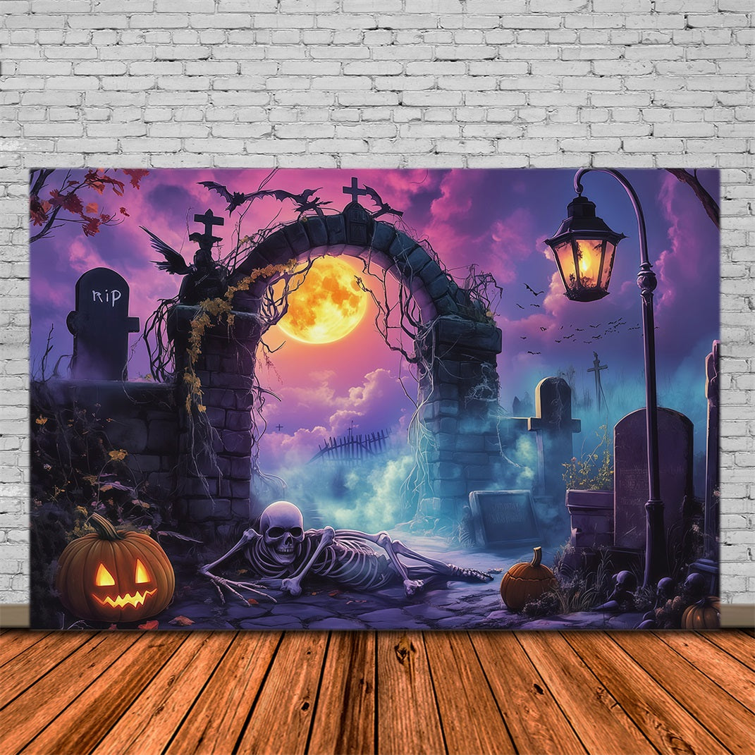 Outdoor Halloween Backdrop Moonlit Graveyard Arch Skeleton Spooky Halloween Backdrop RR67-9