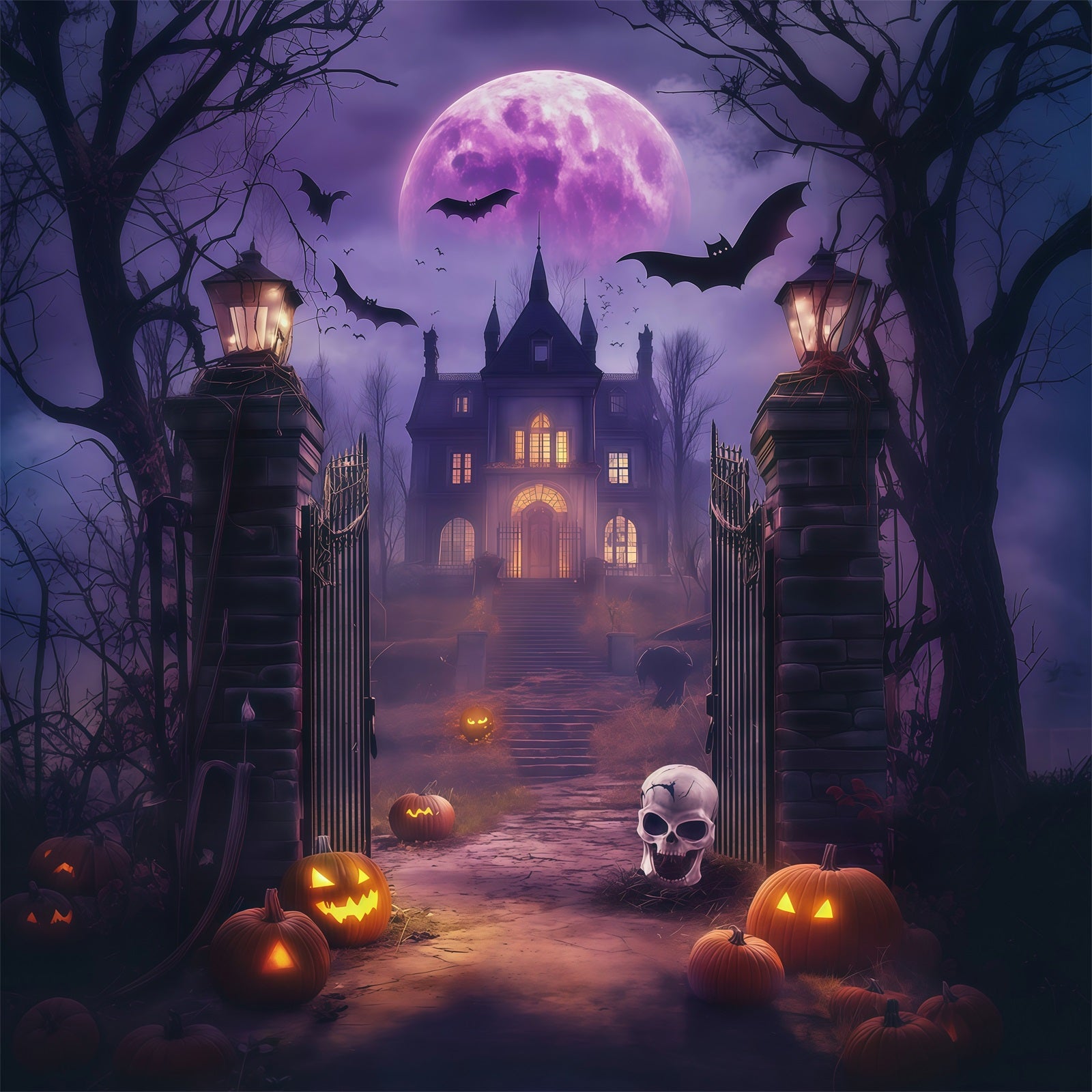 Diy Halloween Photo Booth Backdrop Purple Moon Haunted Gate 10x10 Halloween Backdrop RR67-91