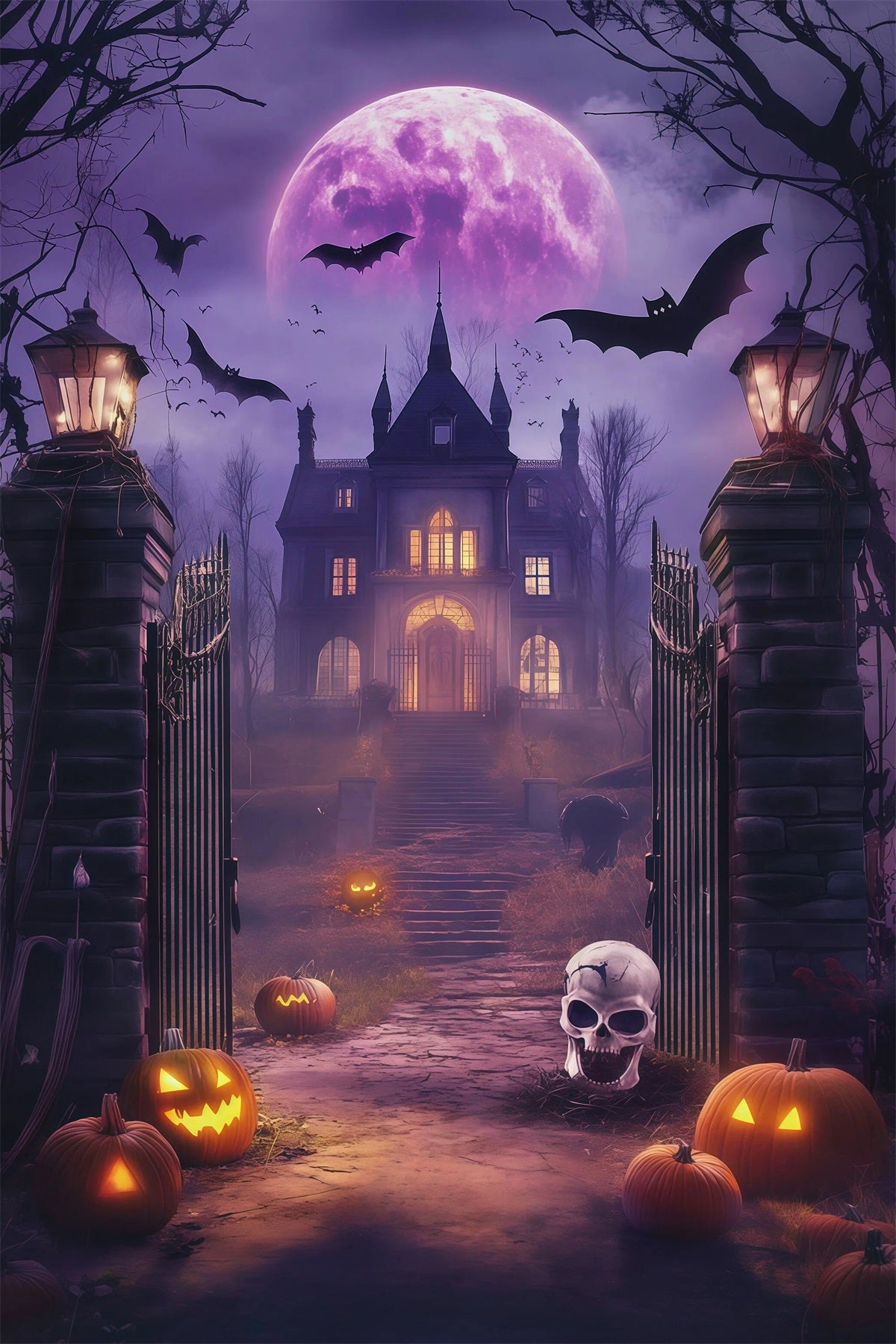 Diy Halloween Photo Booth Backdrop Purple Moon Haunted Gate 10x10 Halloween Backdrop RR67-91