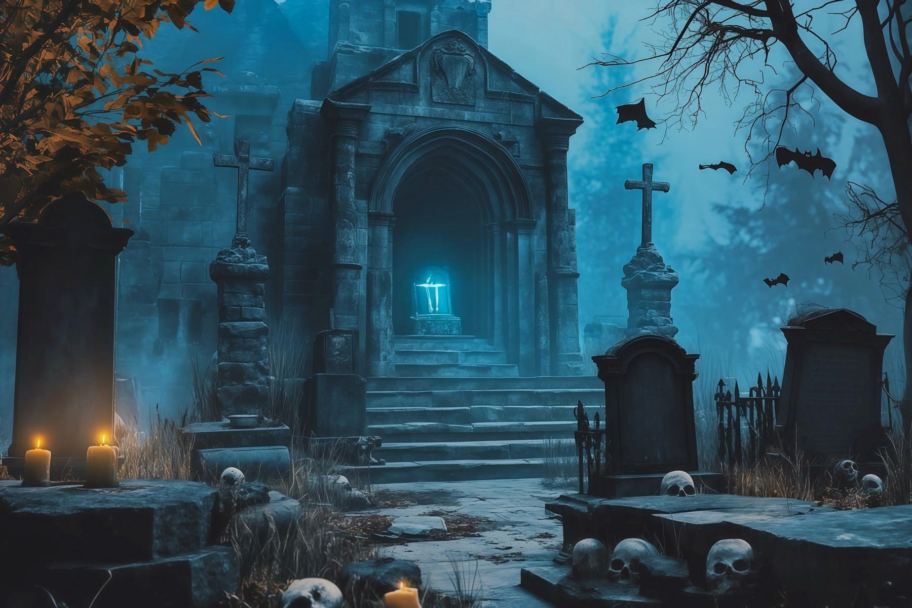 Halloween Cloth Backdrop Blue Crypt Candle Tombs Graveyard Halloween Backdrops RR67-93