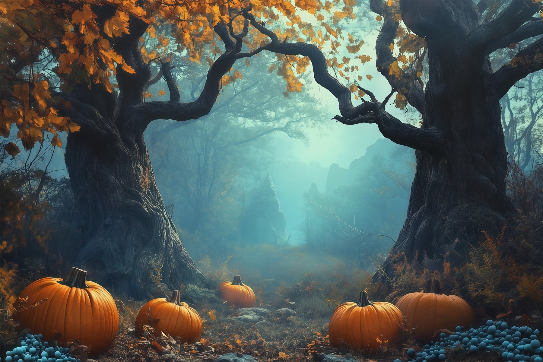 Halloween Party Photo Backdrop Ideas Misty Pumpkin Forest Path Creepy Halloween Backdrop RR67-95