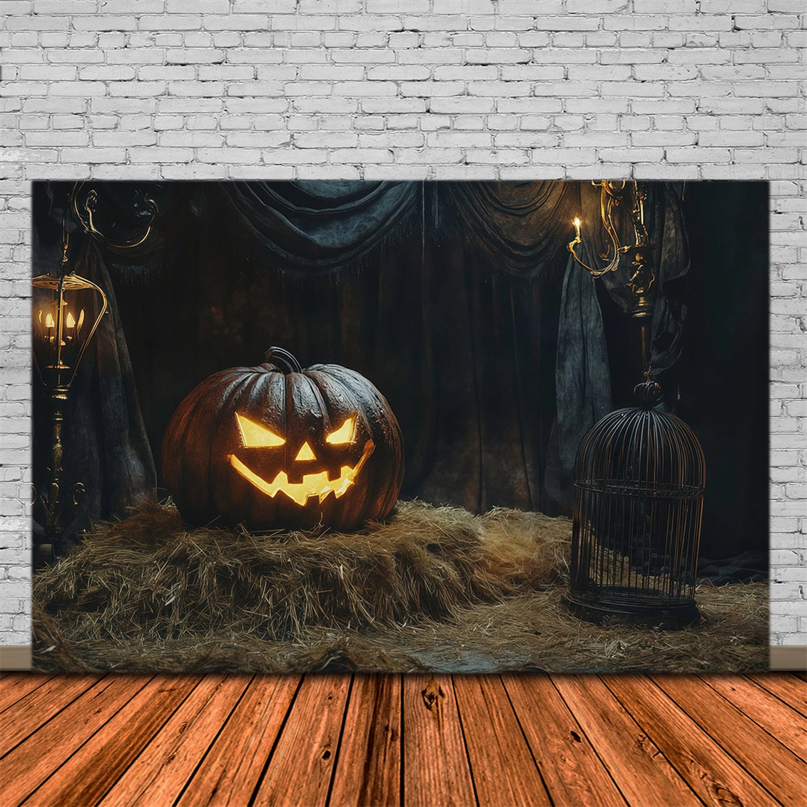 Halloween Scene Backdrop Glowing Pumpkin Hay Display Backdrop For Halloween RR67-96