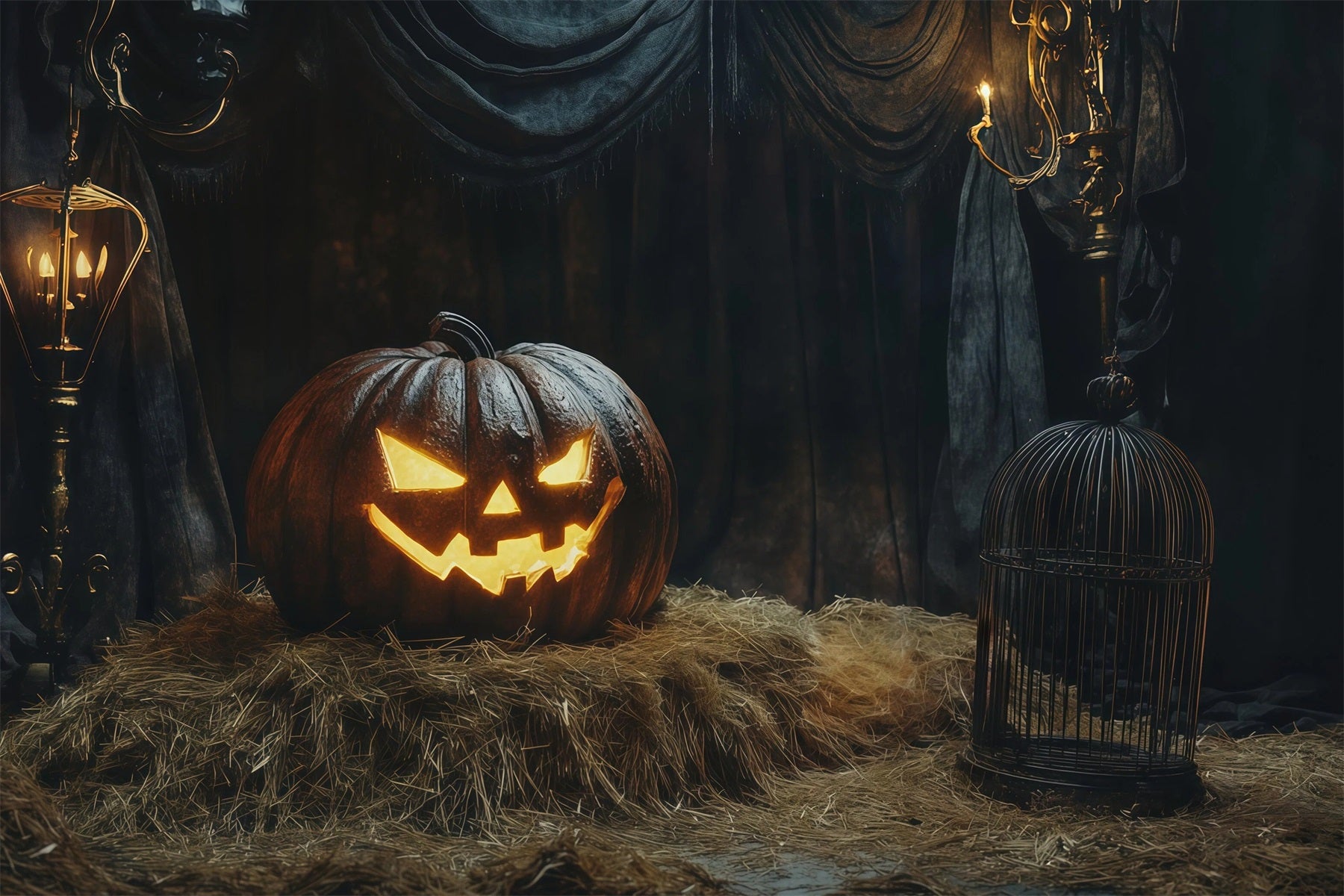 Halloween Scene Backdrop Glowing Pumpkin Hay Display Backdrop For Halloween RR67-96