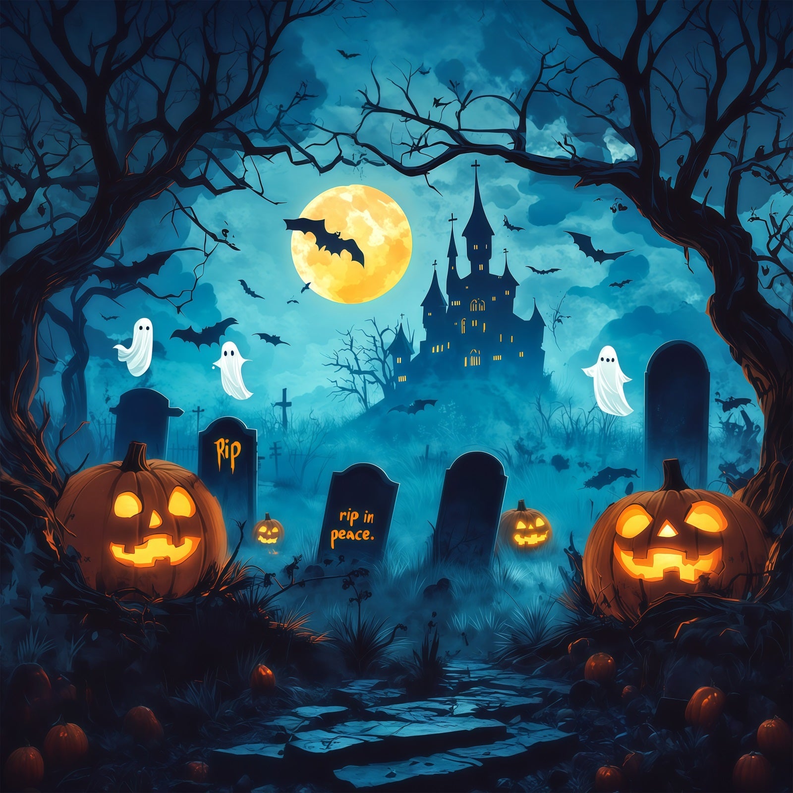 Scary Halloween Photo Backdrops Cartoon Castle Ghost Graveyard Happy Halloween Backdrop RR67-97