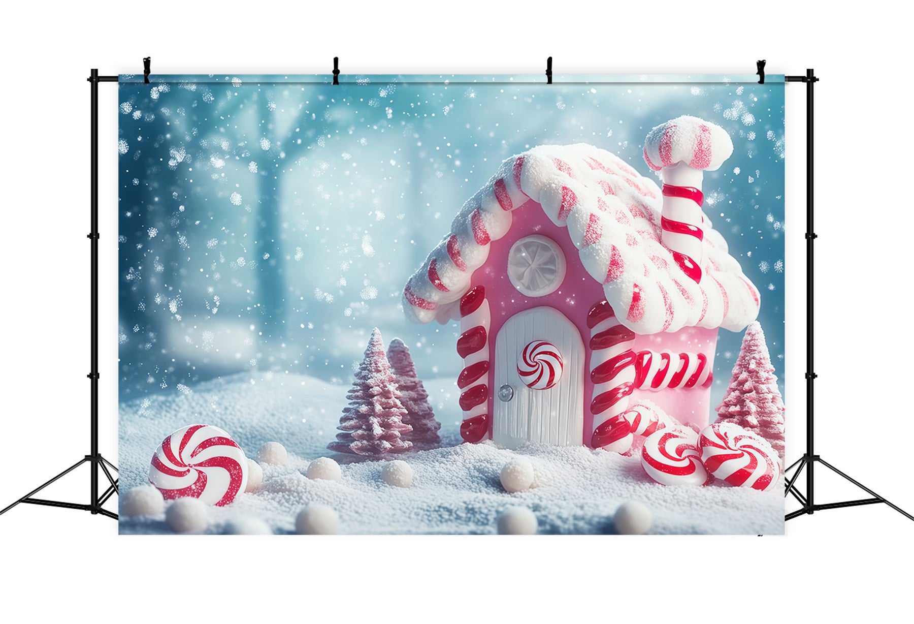 Christmas Candy Backdrop Pink Peppermint Candyland Cottage Christmas Photo Backdrop RR68-100