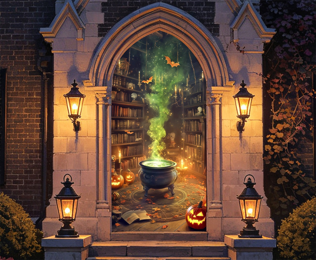 Haunted Library Door Witch Potion Pumpkin Bat Haunted Door Cover RR68-12