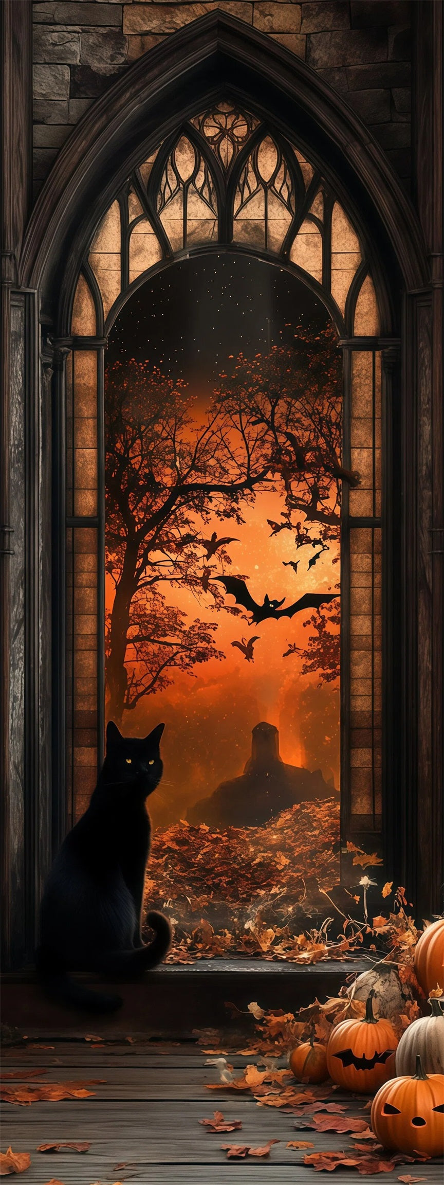 Vintage Halloween Door Gothic Black Cat Window Fabric Halloween Door Banner RR68-18