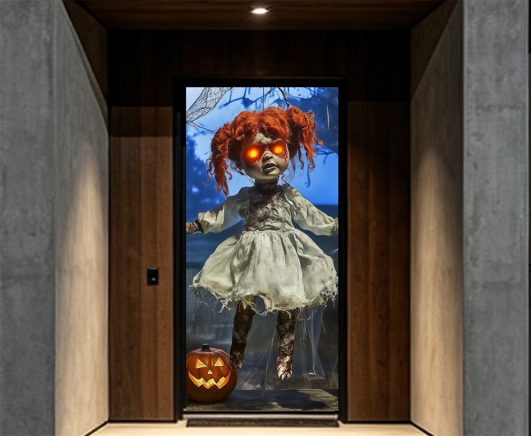 Haunted Doll Door Forest Spider Web Pumpkin Halloween Front Door Decoration RR68-20