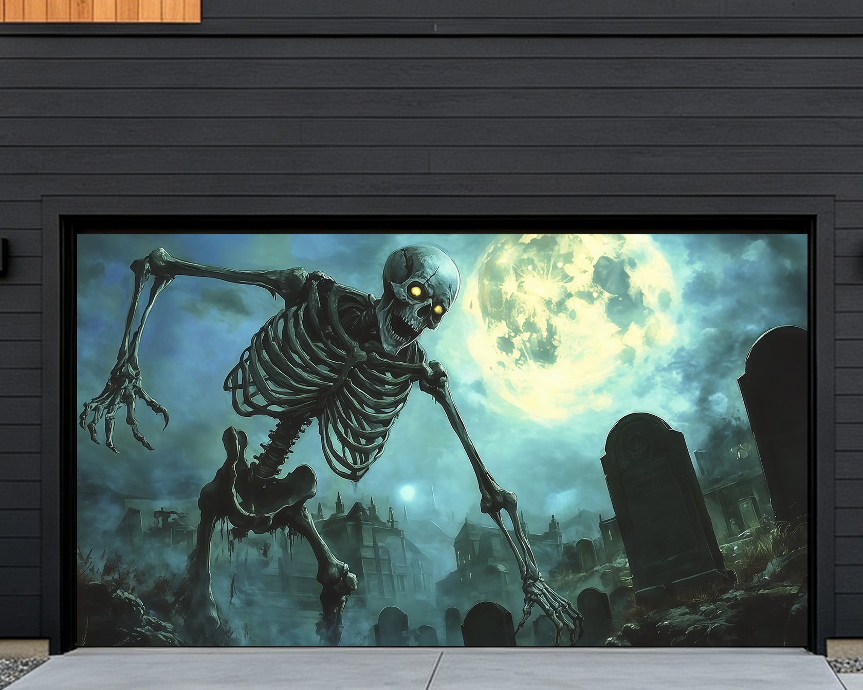 Skull Halloween Garage Door Decor Giant Skeleton Moonlit Graveyard Double Garage Door Halloween Cover RR68-22-2 car
