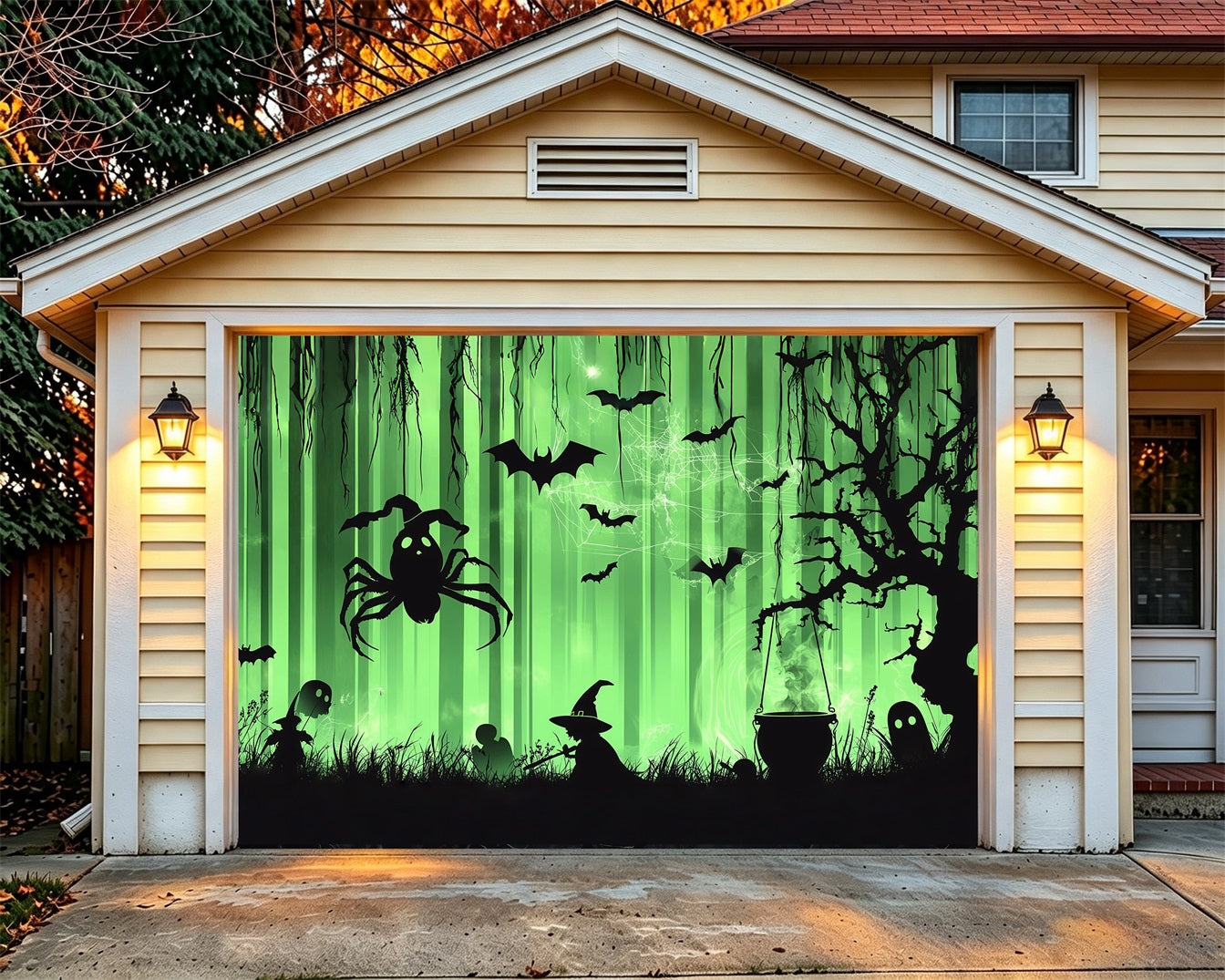 Witch Halloween Garage Door Cover Bat Spider Green Forest Two Car Garage Door Halloween Cover RR68-23-1 car