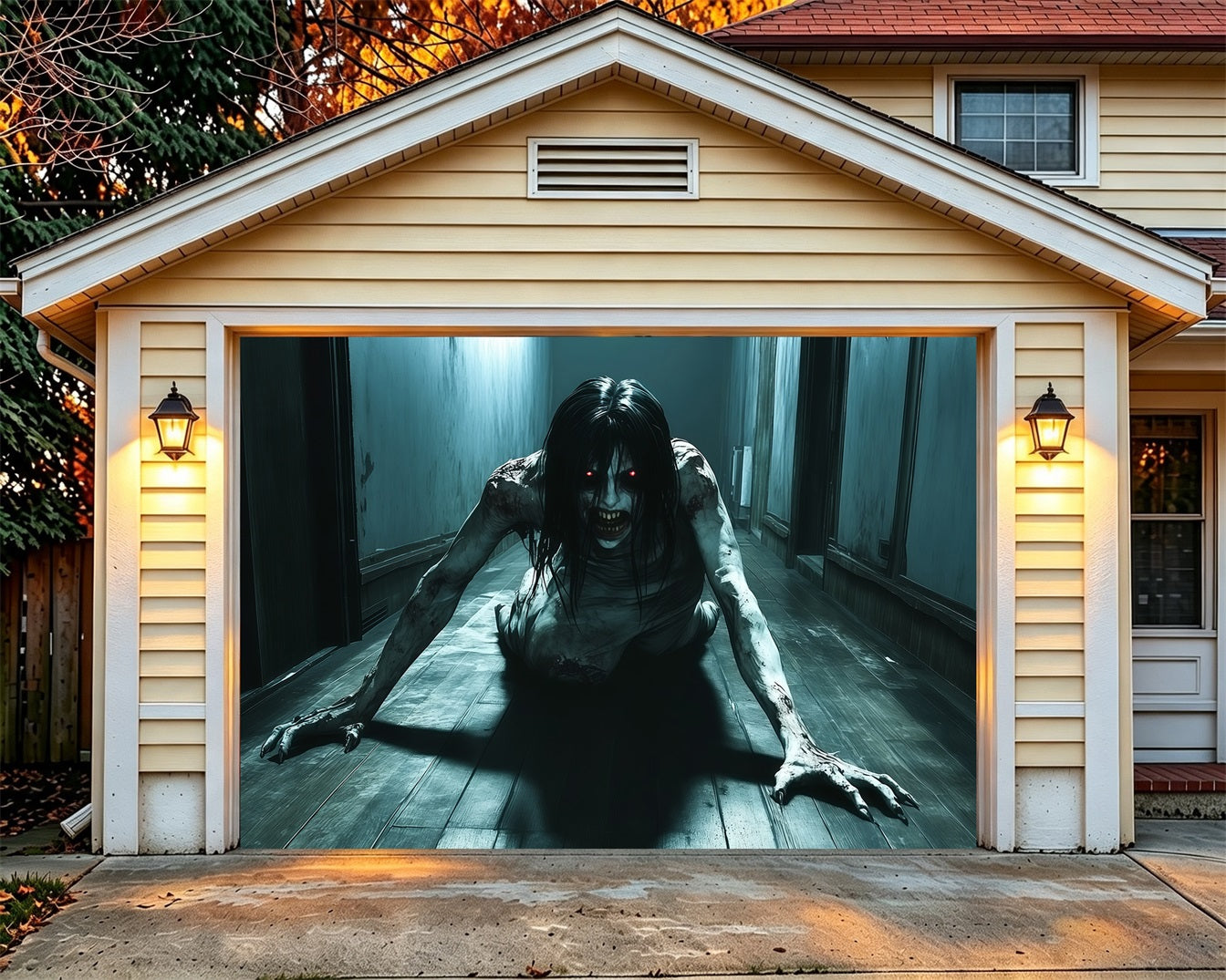 Haunted House Garage Door Cover Crawling Red Eyed Demon Single Garage Door Halloween Cover RR68-24-1 car