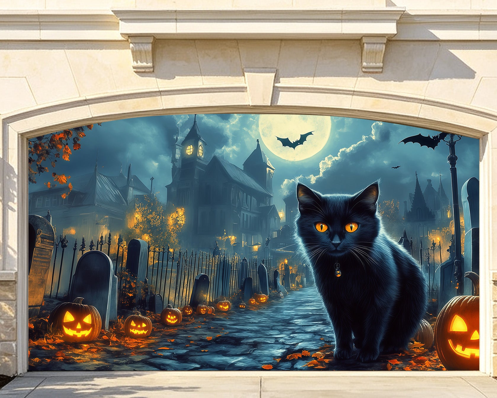 Black Cat Halloween Garage Door Cover Pumpkin Hunted House Outdoor Halloween Garage Door Cover RR68-26-2 car