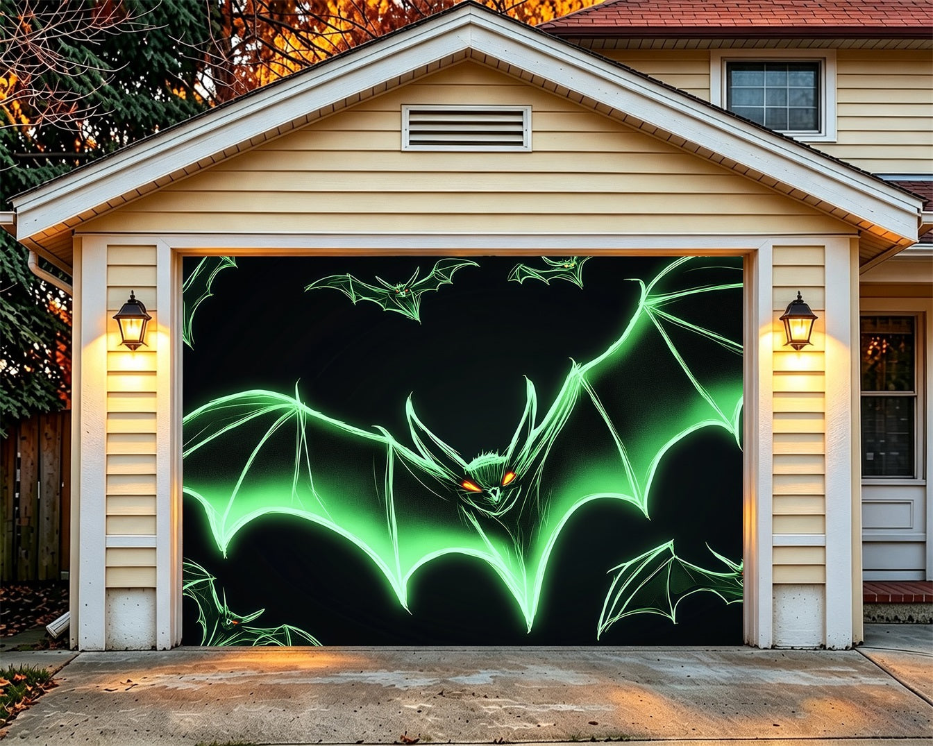 Bat Halloween Garage Door Cover Neon Green Flying Bats Halloween Outdoor Garage Decorations RR68-28-1 car