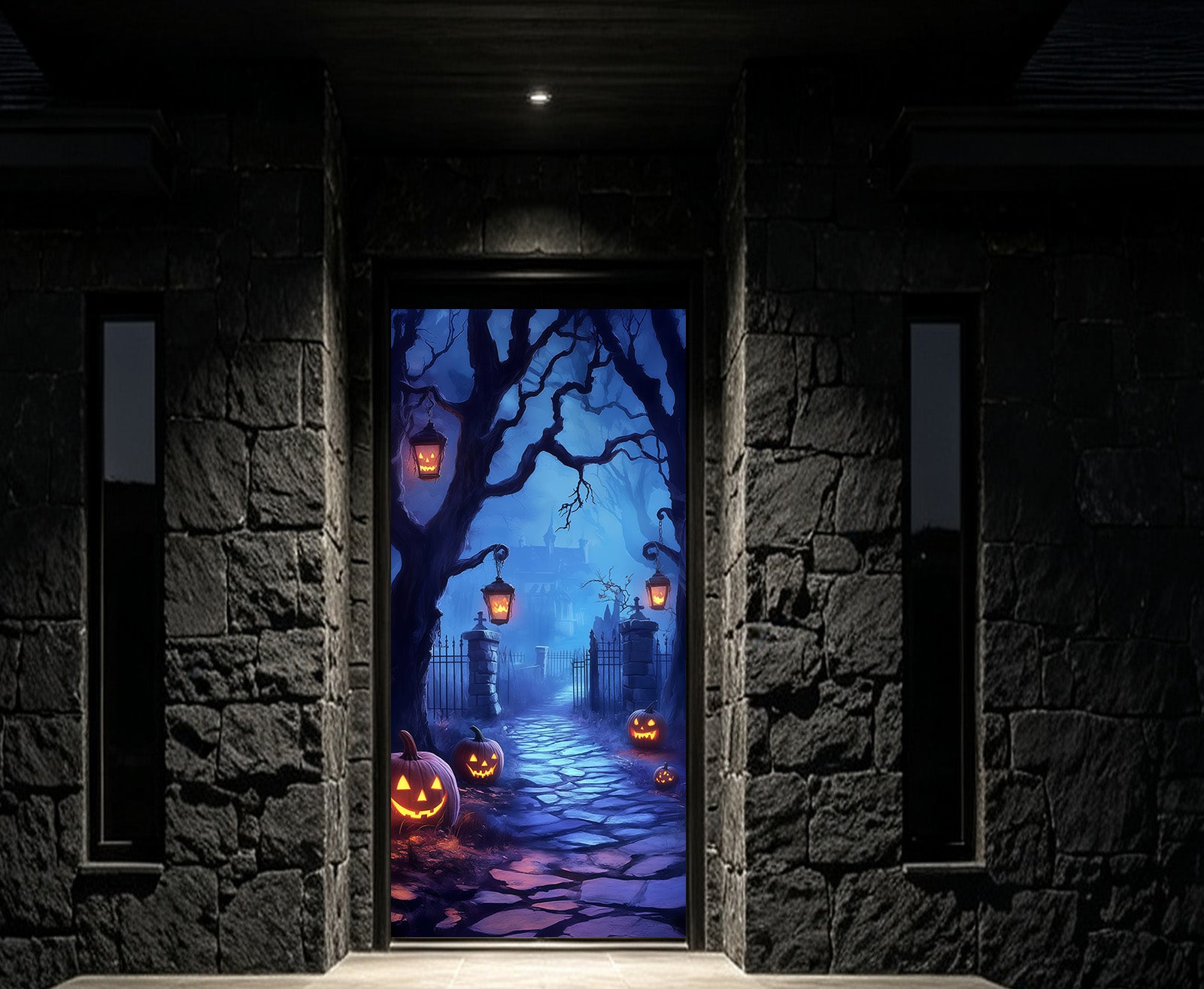 Haunted Forest Door Moonlit Pumpkin Lantern Path Halloween Front Door Decoration RR68-3
